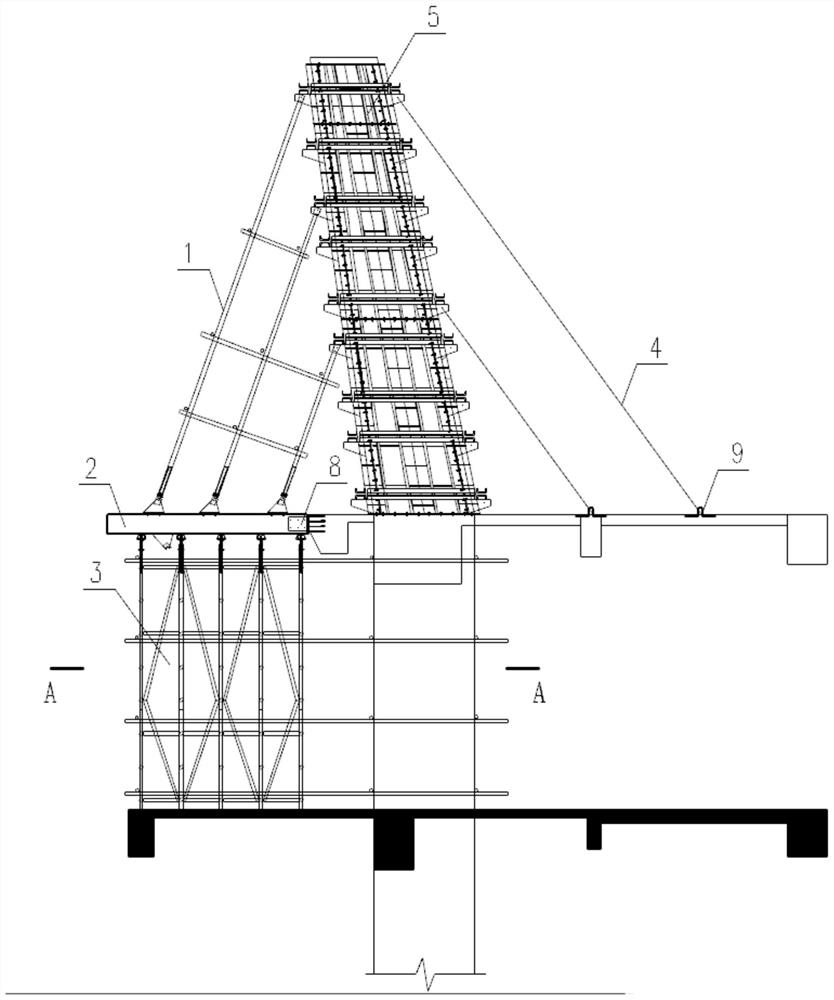 Turnover outer overhanging inclined column supporting system and construction method thereof
