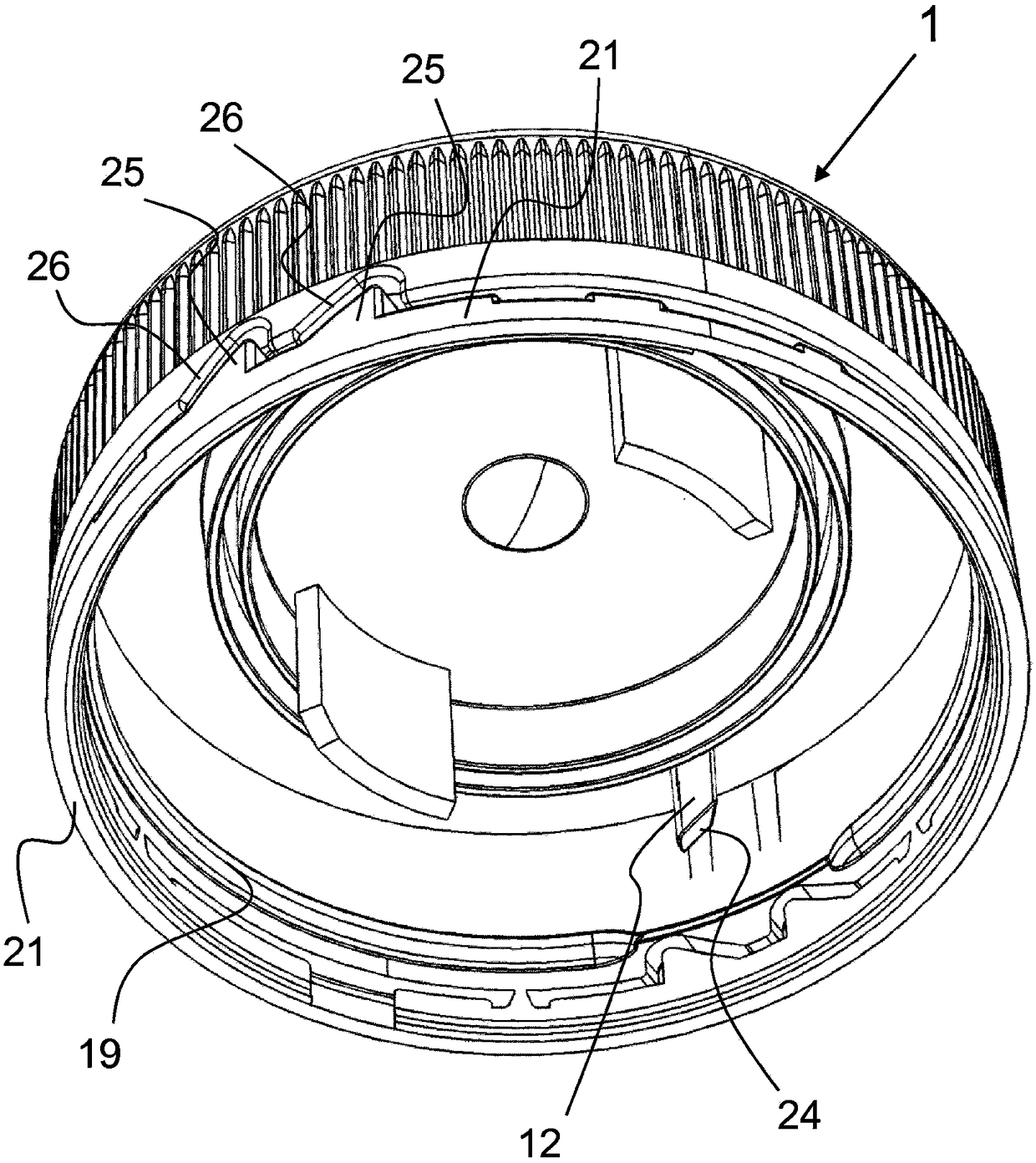 Fillable cap closure with a film seal that is opened purely by means of rotation or axial pressing