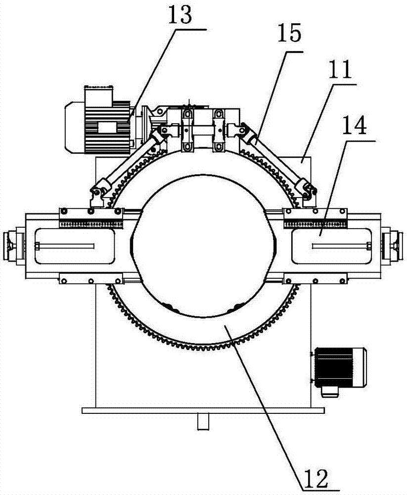 A two-way synchronous rotating clamping device for steel pipe cutting