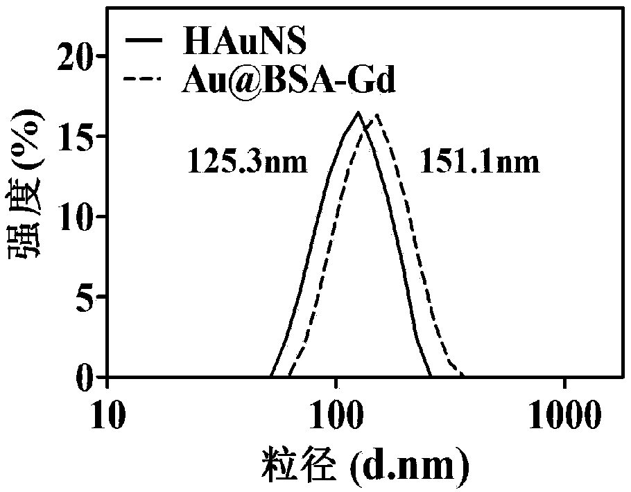 BSA (Bovine Serum Albumin)-gadolinium ion complex wrapped hollow golden nano shell and preparation method