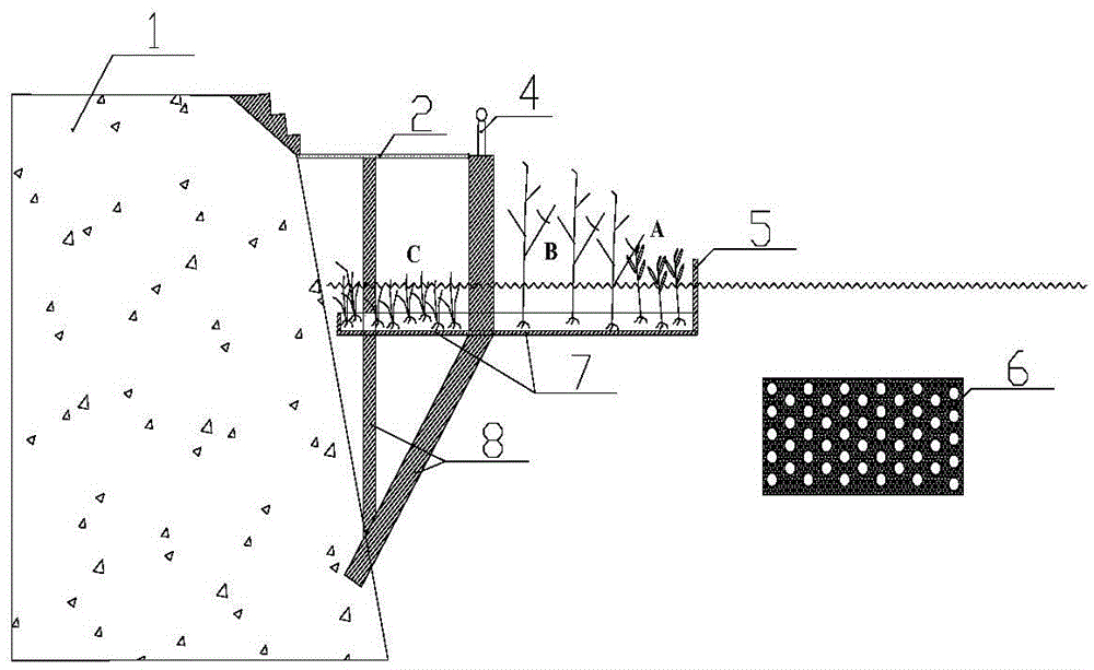 Embankment landscape and water purification system with mosaic configuration of aquatic plants