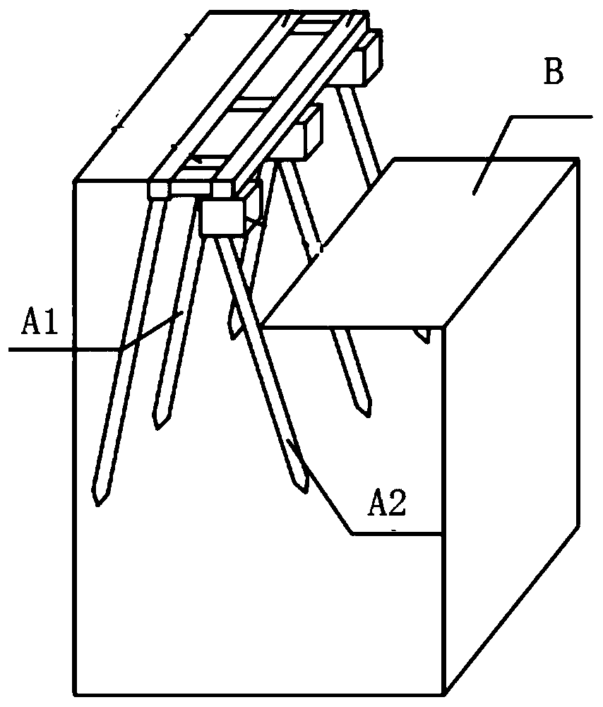 Foundation pit supporting-free prefabricated inclined pile support double-row construction method and construction equipment