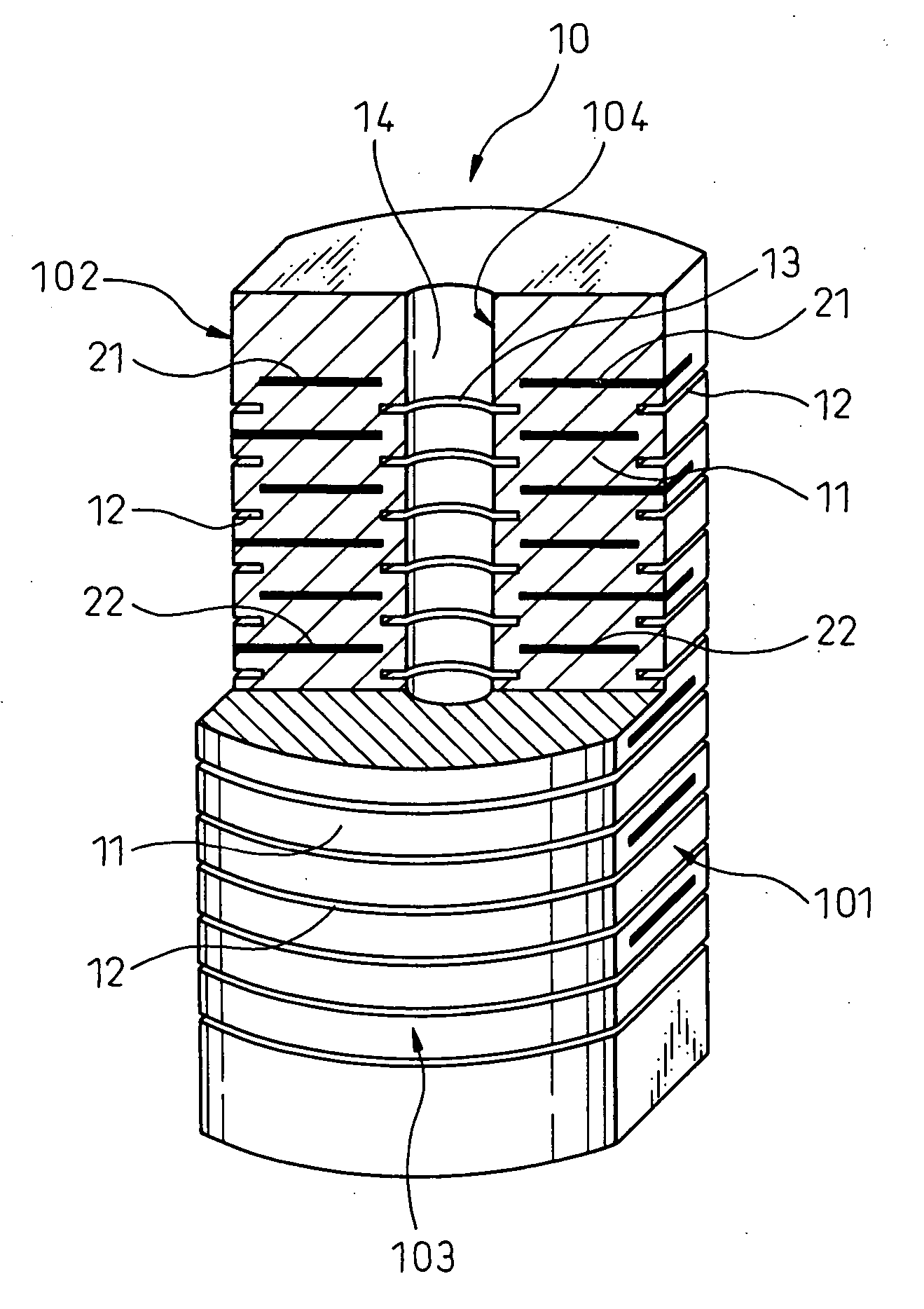 Hollow laminated piezoelectric element and its manufacturing method