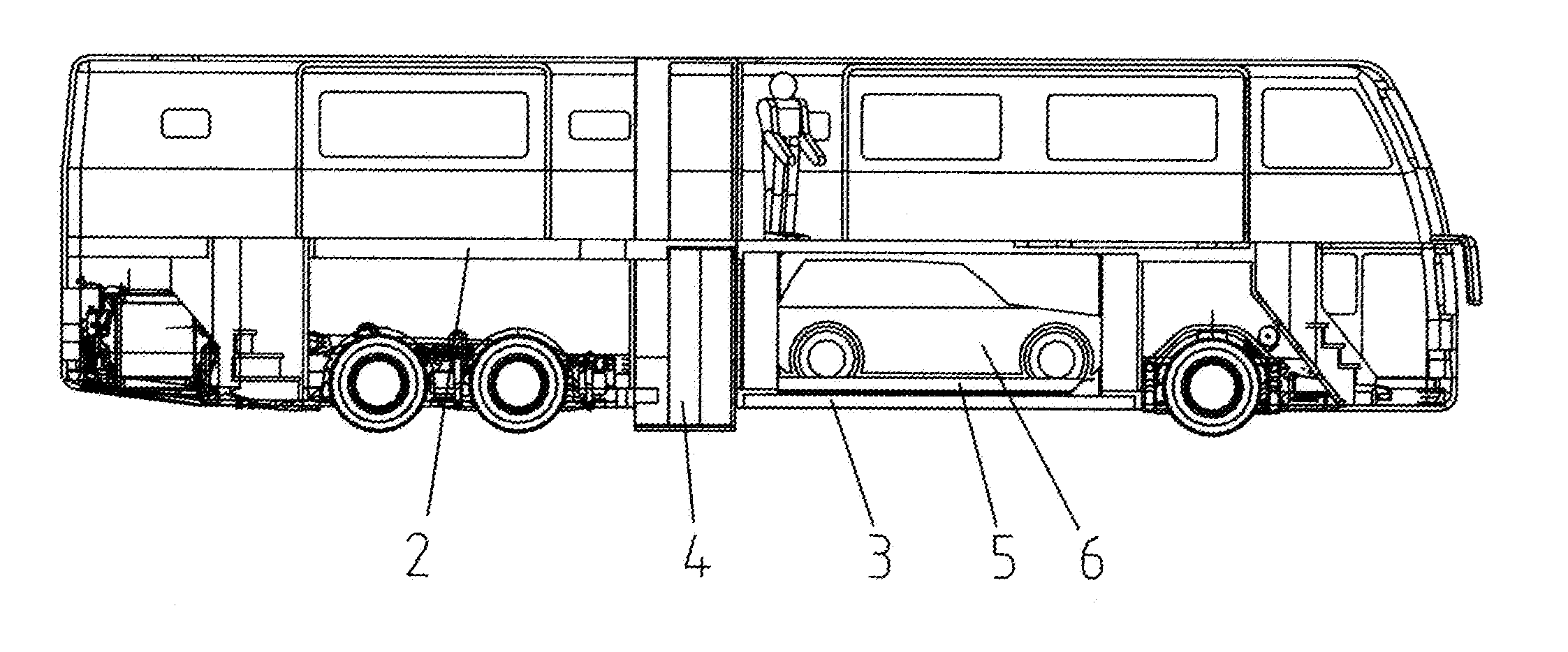 Motorhome with onboard touring car, elevator, and crew cabin