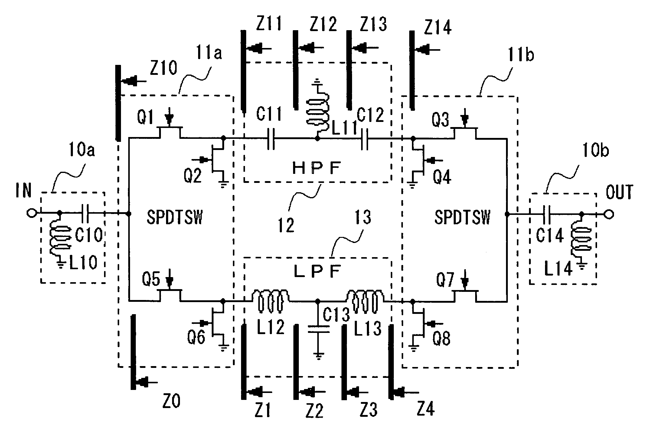 Phase shifter having switchable high pass filter and low pass filter paths and impedance adjustment circuits