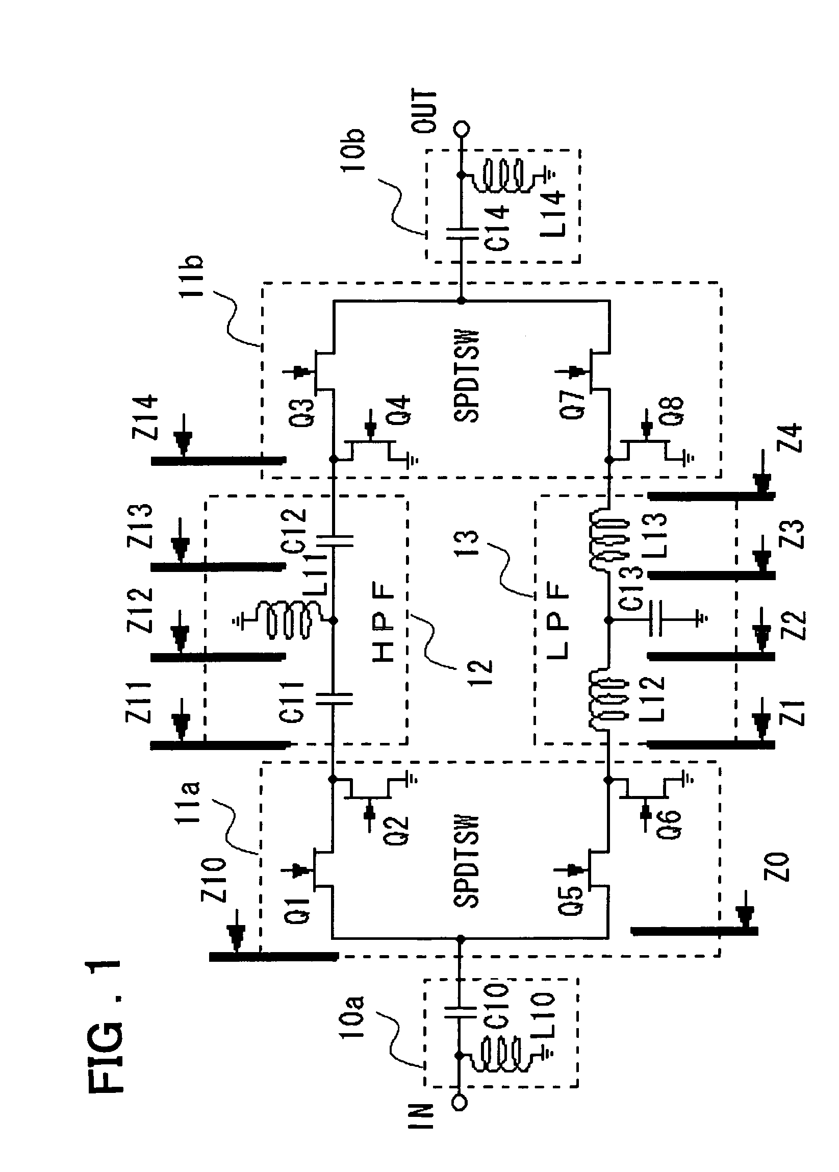 Phase shifter having switchable high pass filter and low pass filter paths and impedance adjustment circuits