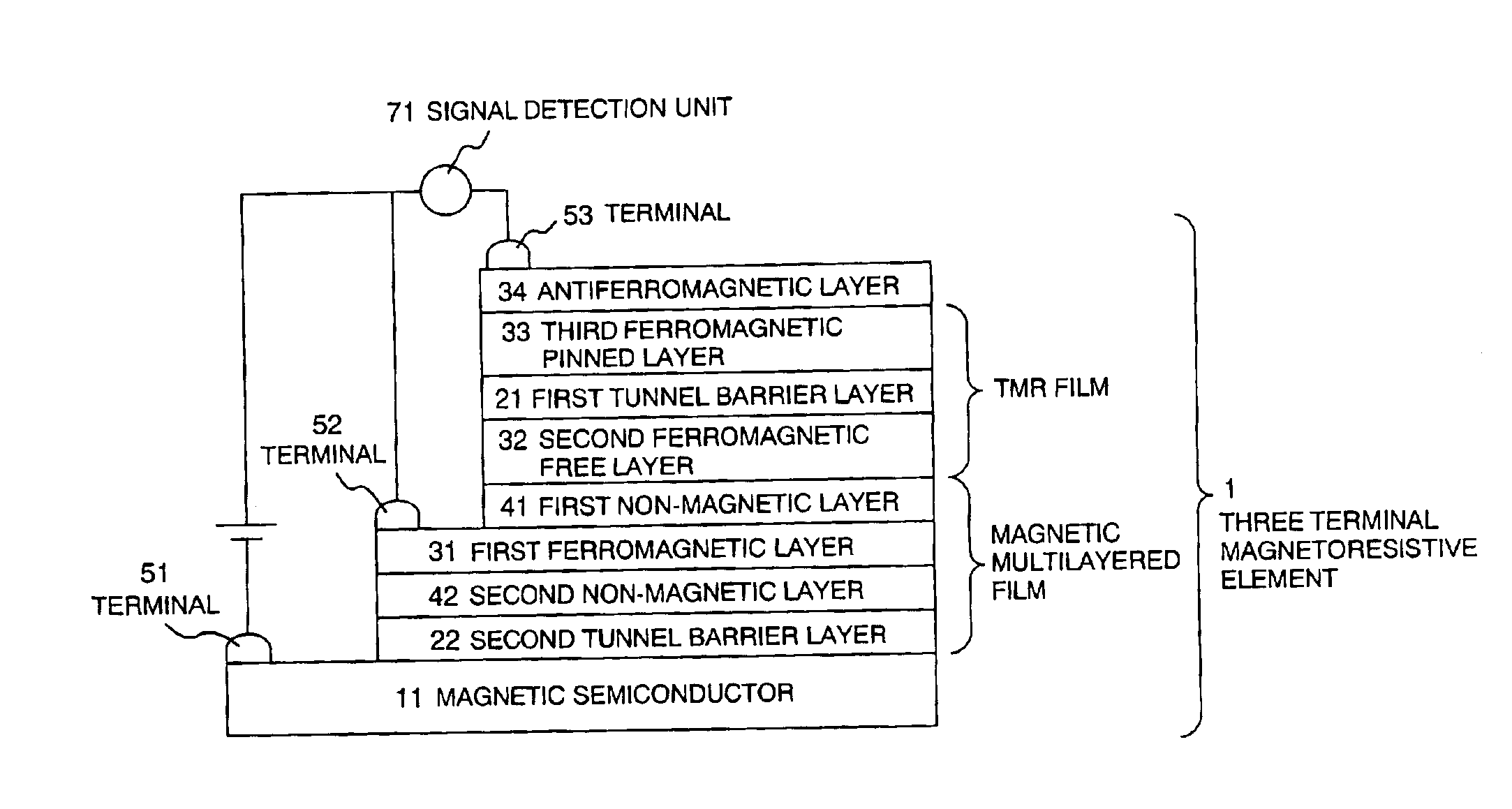Three terminal magnetic head having a magnetic semiconductor and a tunnel magnetoresistive film and magnetic recording apparatus including the head