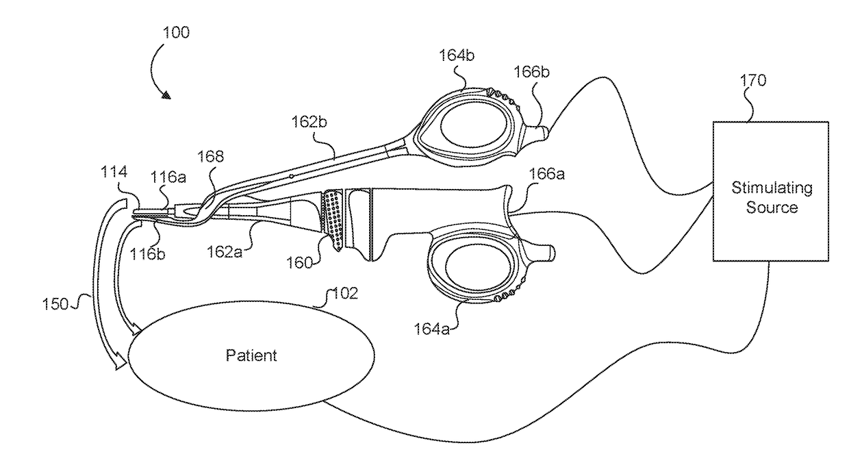 Medical device with a bilateral jaw configuration for nerve stimulation