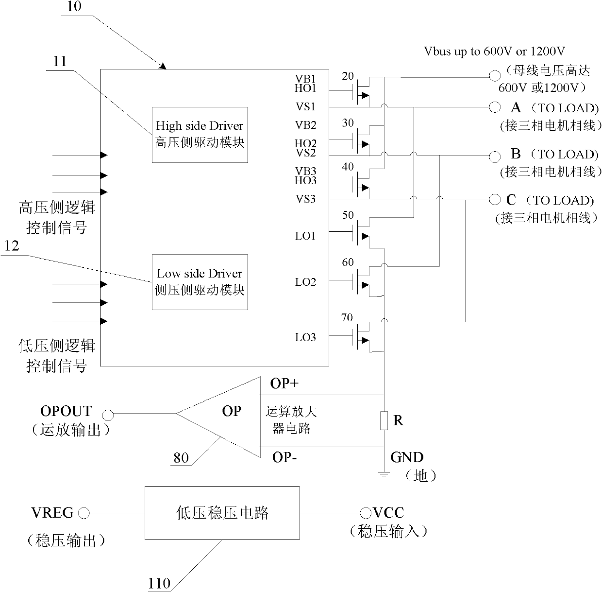 Bridge-driven IPM (intelligent power module) circuit for three-phase electric machine