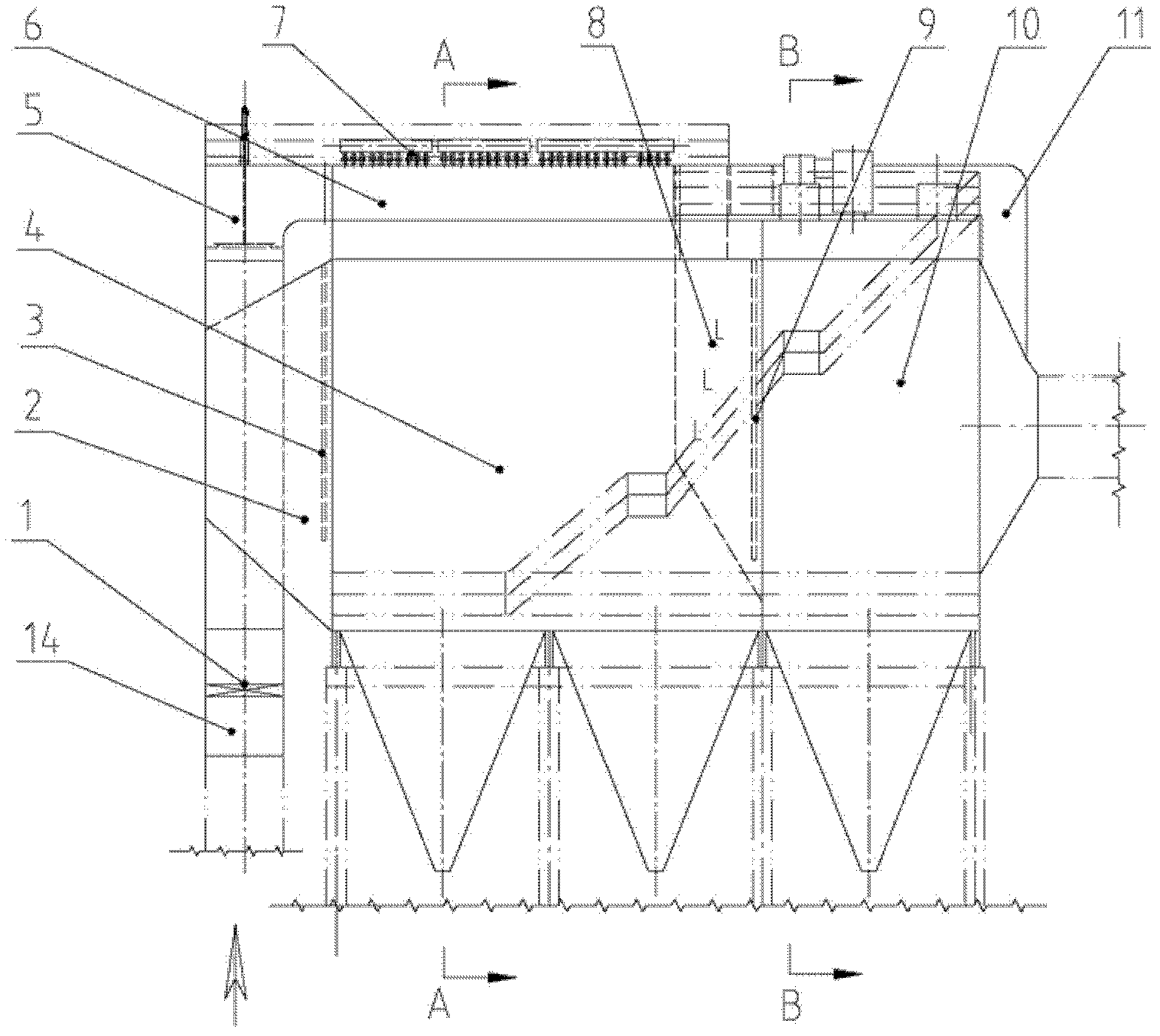 Front-bag and rear-electricity combined flow distribution deduster