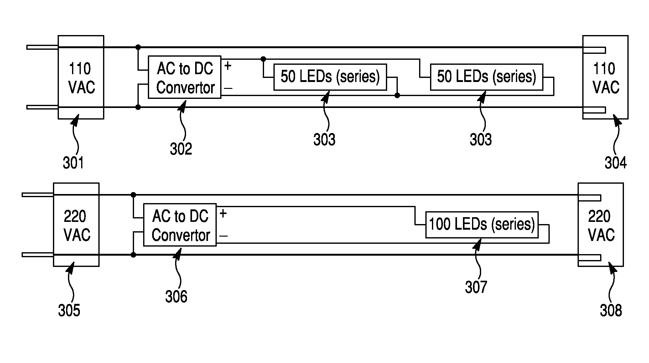 LED lights with matched AC voltage using rectified circuitry