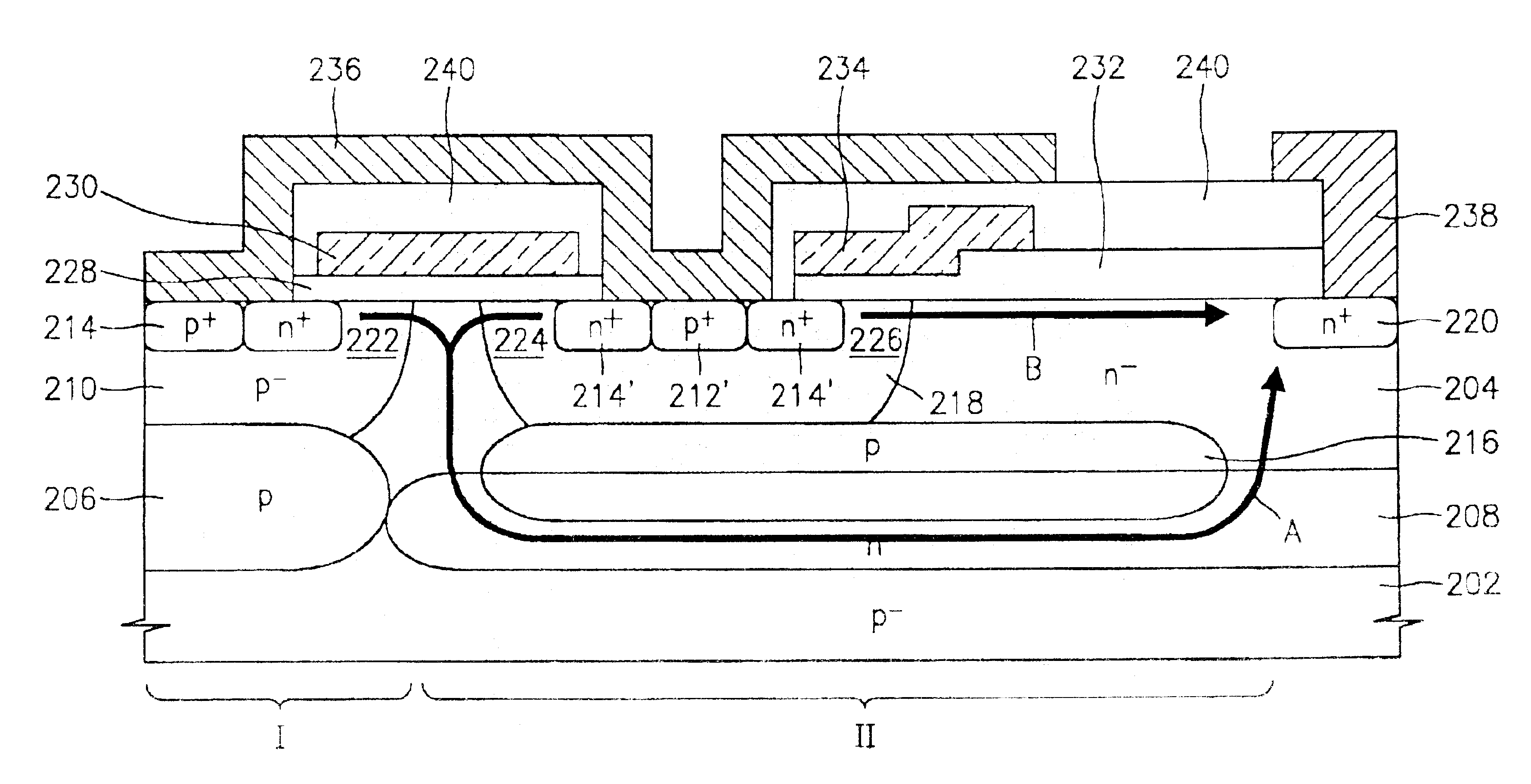 Lateral double-diffused MOS transistor having multiple current paths for high breakdown voltage and low on-resistance