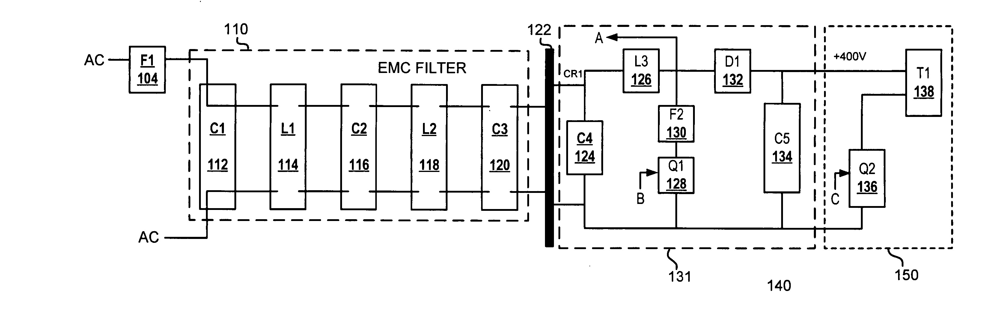 Protection of EMC filter components due to failure of boost stage/circuit to prevent smoke, sound or fire in a boost stage under fault condition