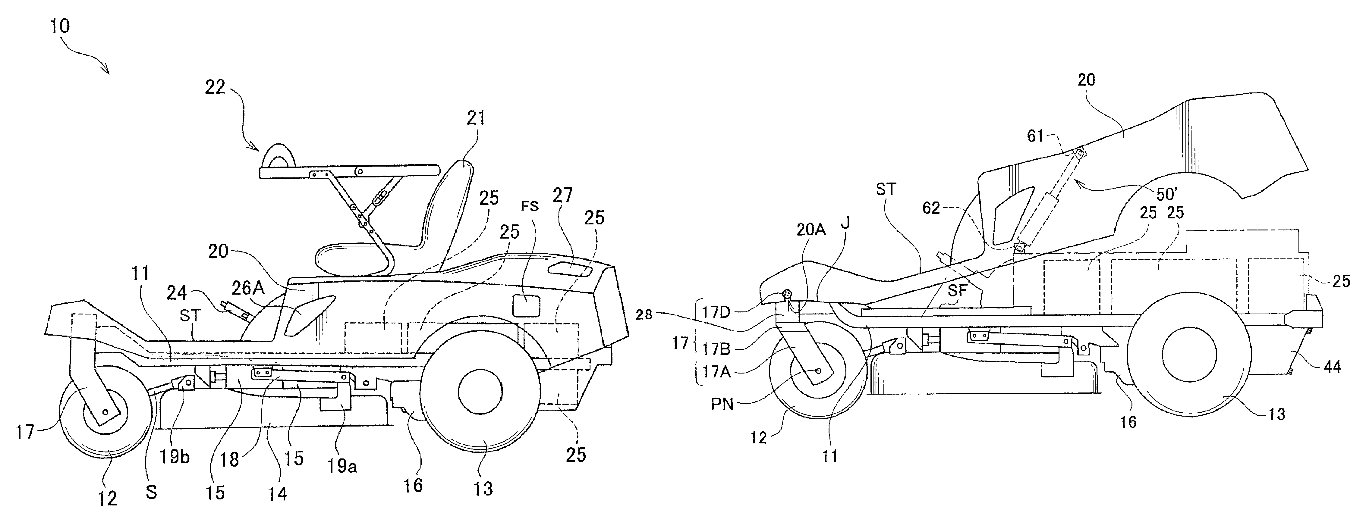 Electric riding mower having air-cooled chassis and pivotable protective cowling