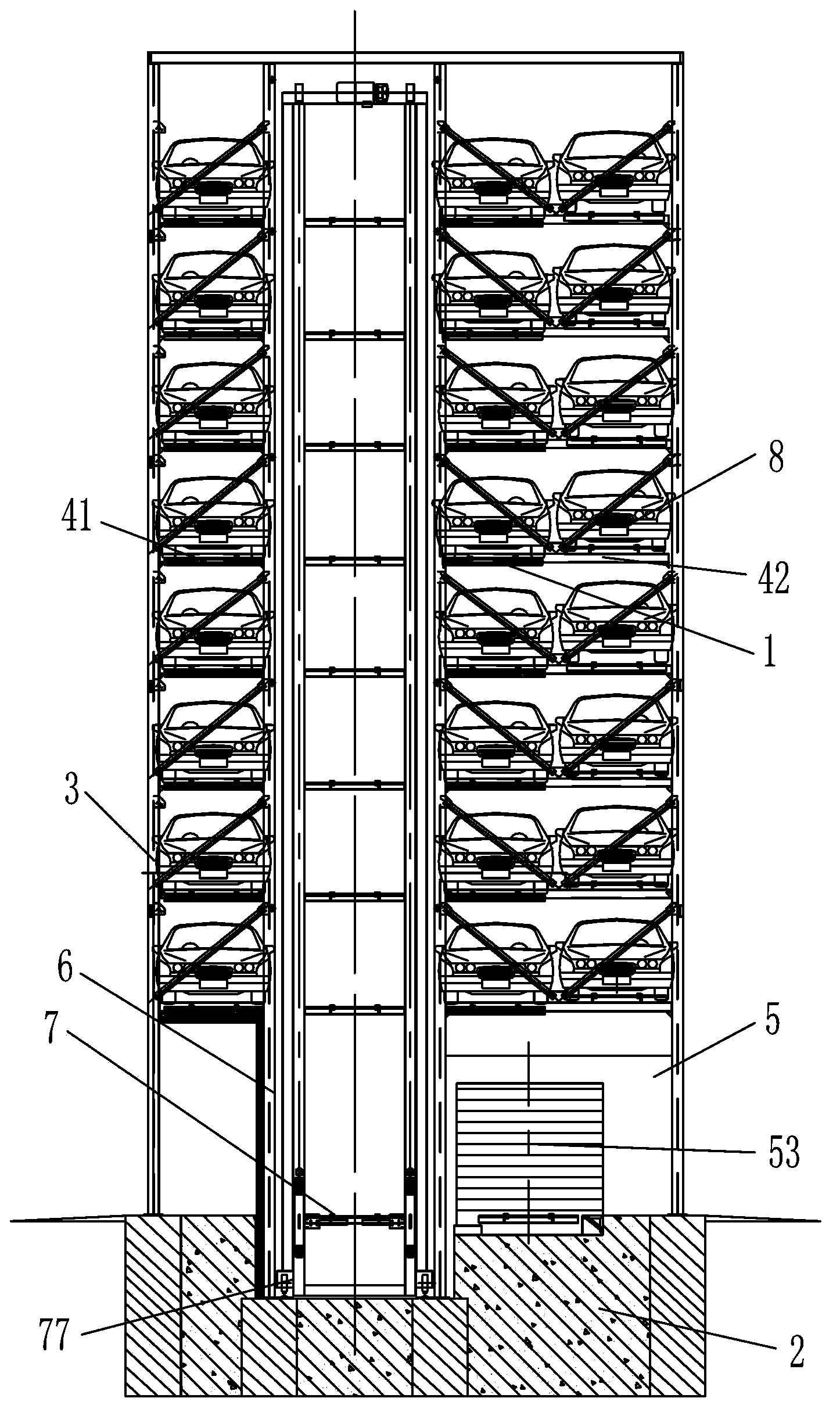 Stereo garage and vehicle storing and taking method thereof