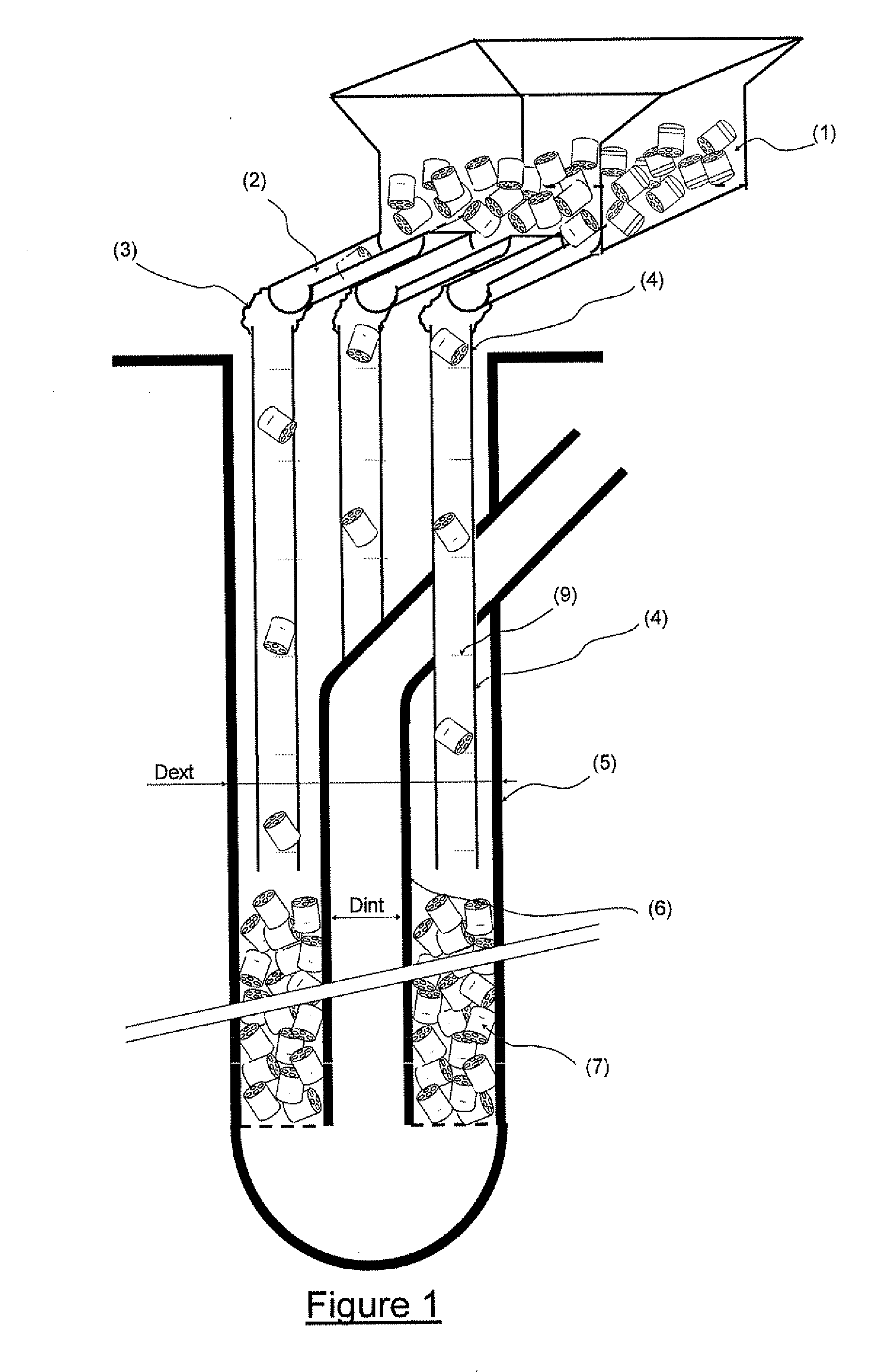 Device for loading particles of catatlyst into tubes having an annular zone