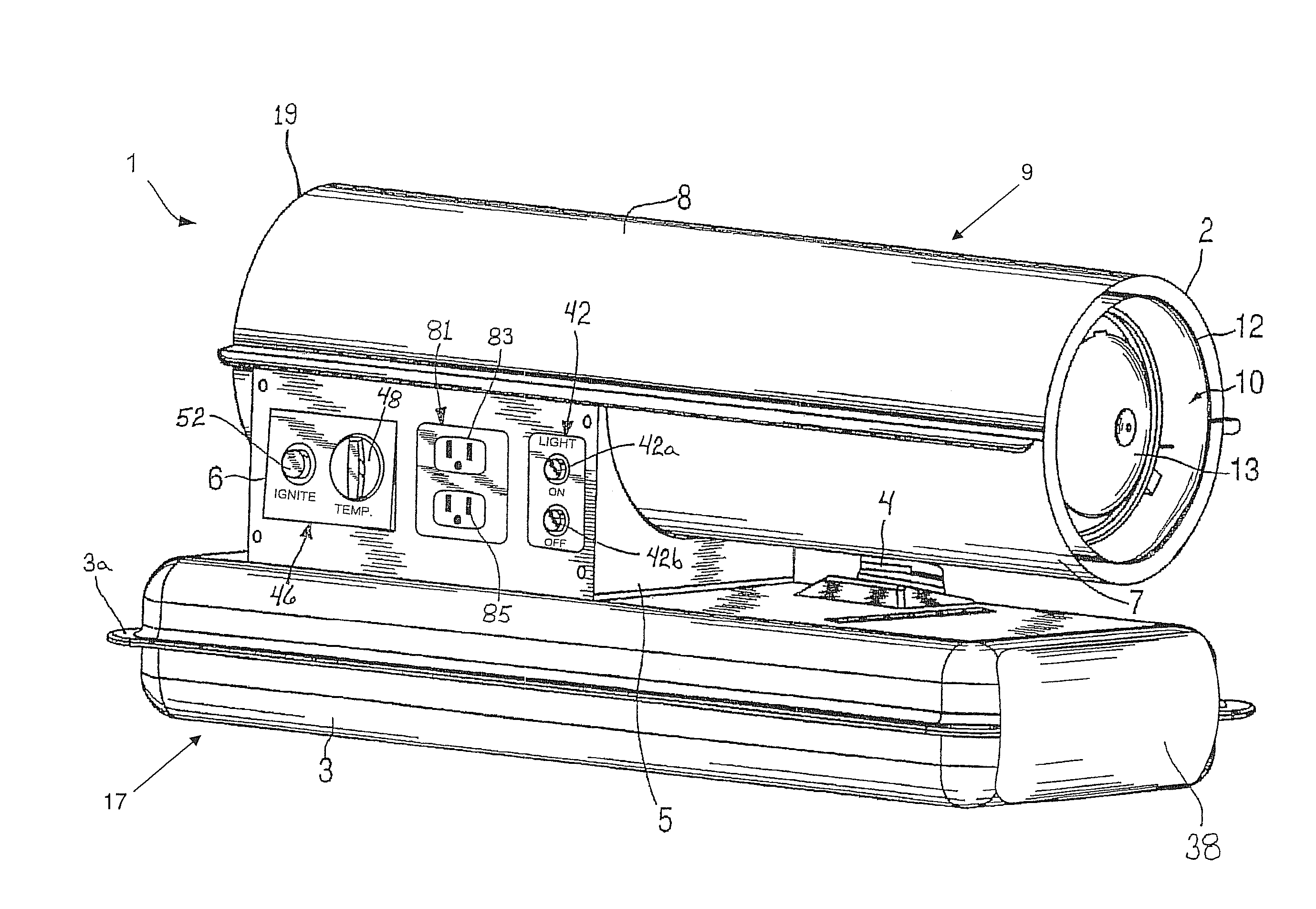 Forced air heater including on-board source of electric energy