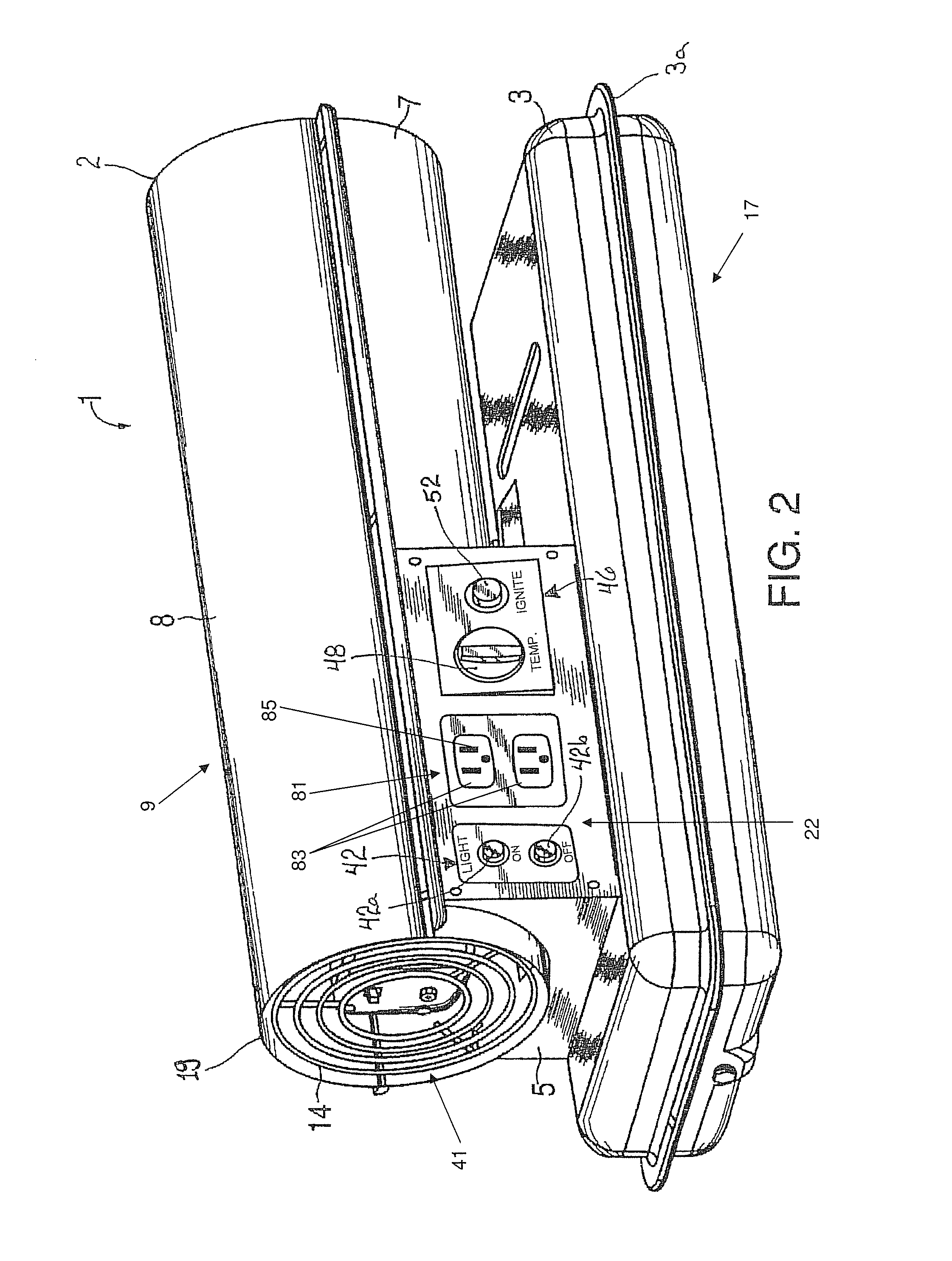 Forced air heater including on-board source of electric energy