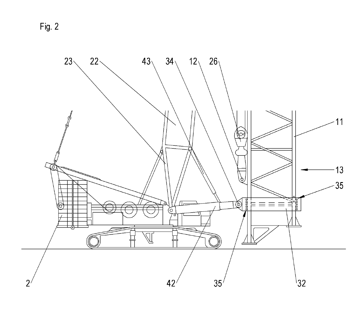 Method for transferring a tower crane and a frame and take-up mechanism therefor