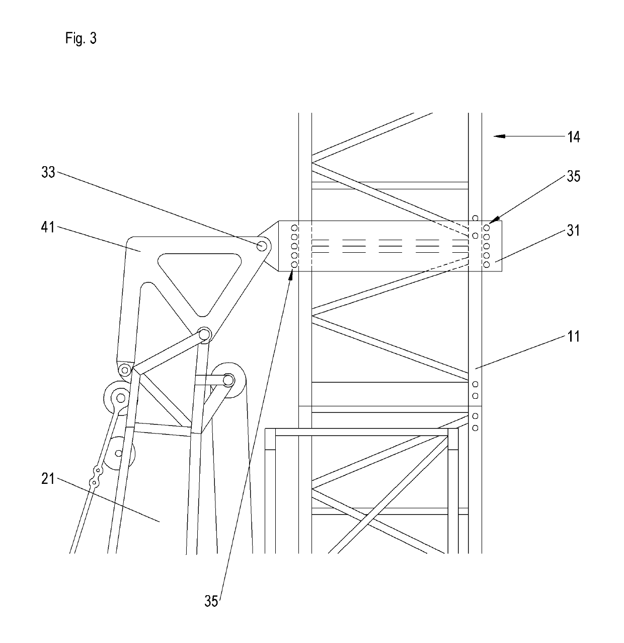 Method for transferring a tower crane and a frame and take-up mechanism therefor