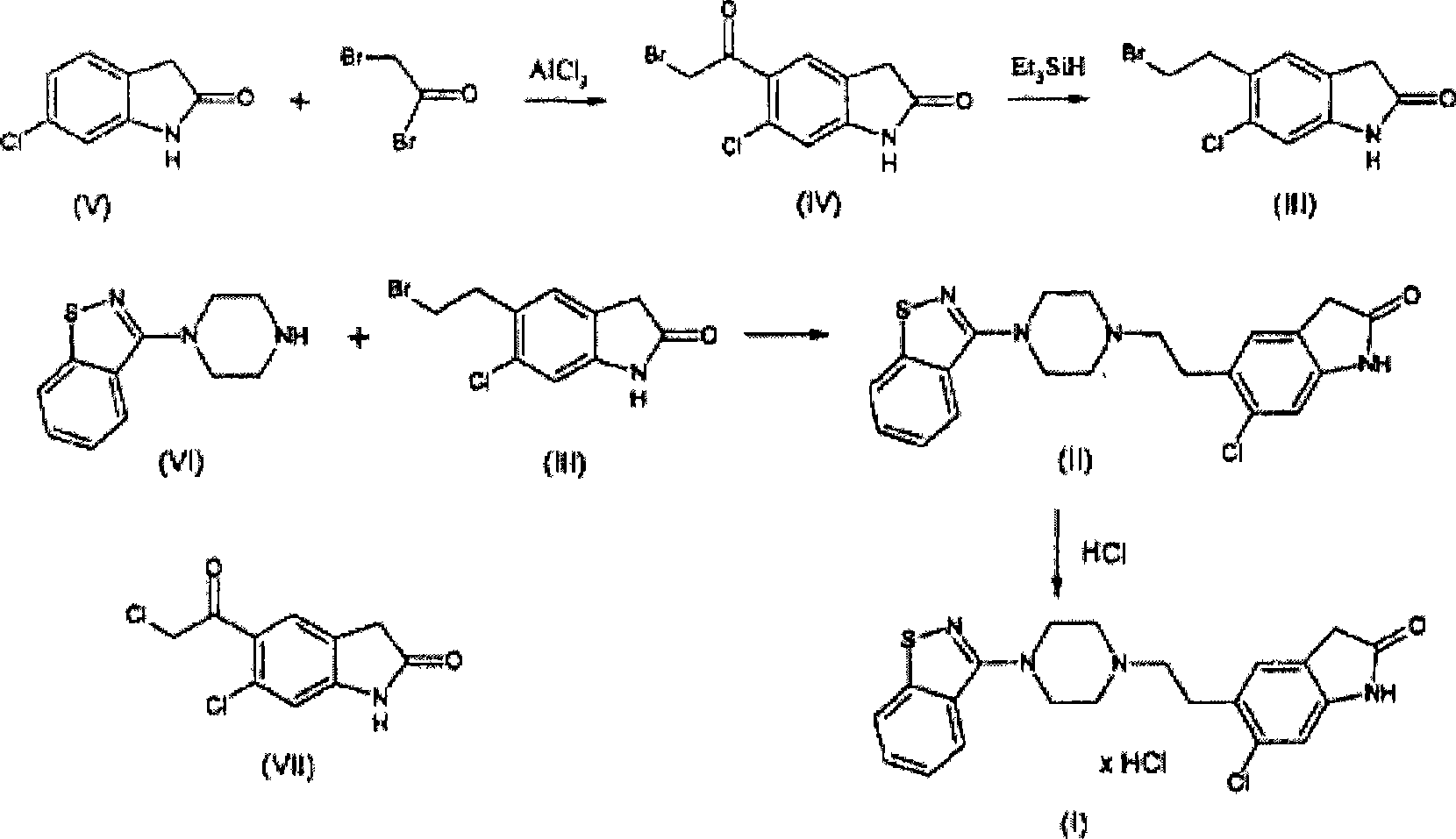 Novel process for production of 5-{2-[4-(1,2-benzisothiazol-3-yl)-1-piperazinyl]-ethyl}-6-chloro-1,3-dihydro-2h-indol-2-one (ziprasidone)