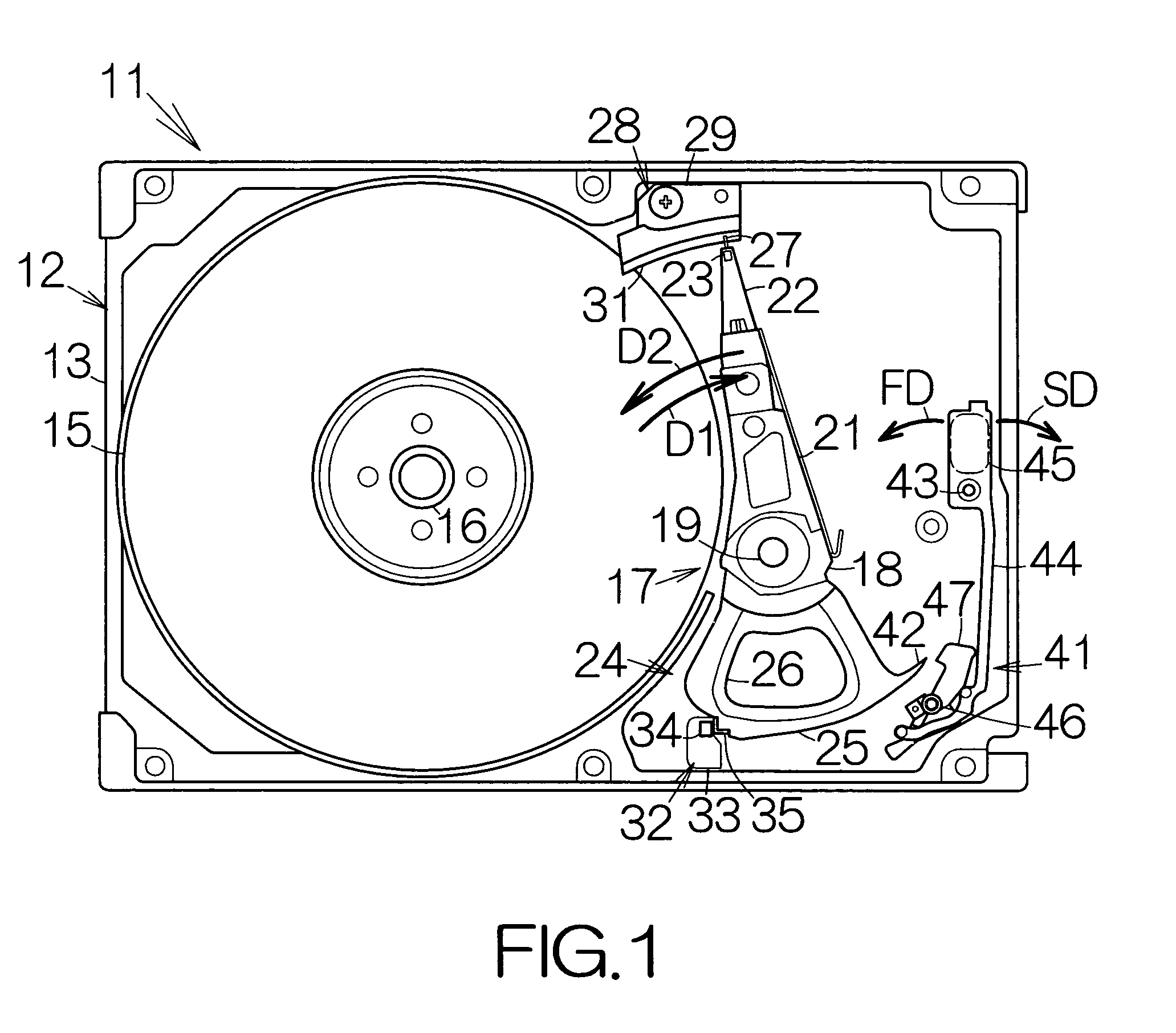 Disk drive internal latch assembly with movement restriction member to generate opposing rotation moments on shaft opposing sides