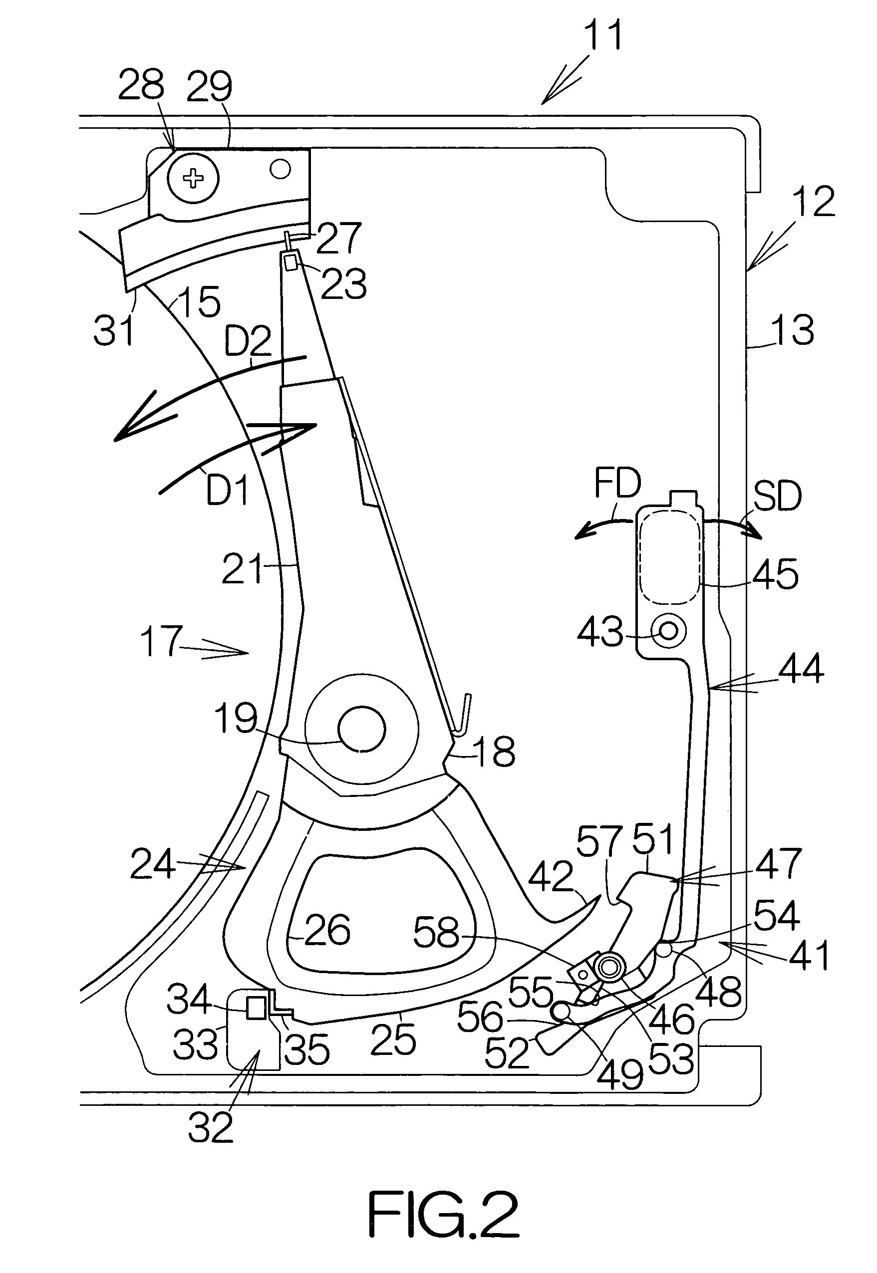 Disk drive internal latch assembly with movement restriction member to generate opposing rotation moments on shaft opposing sides