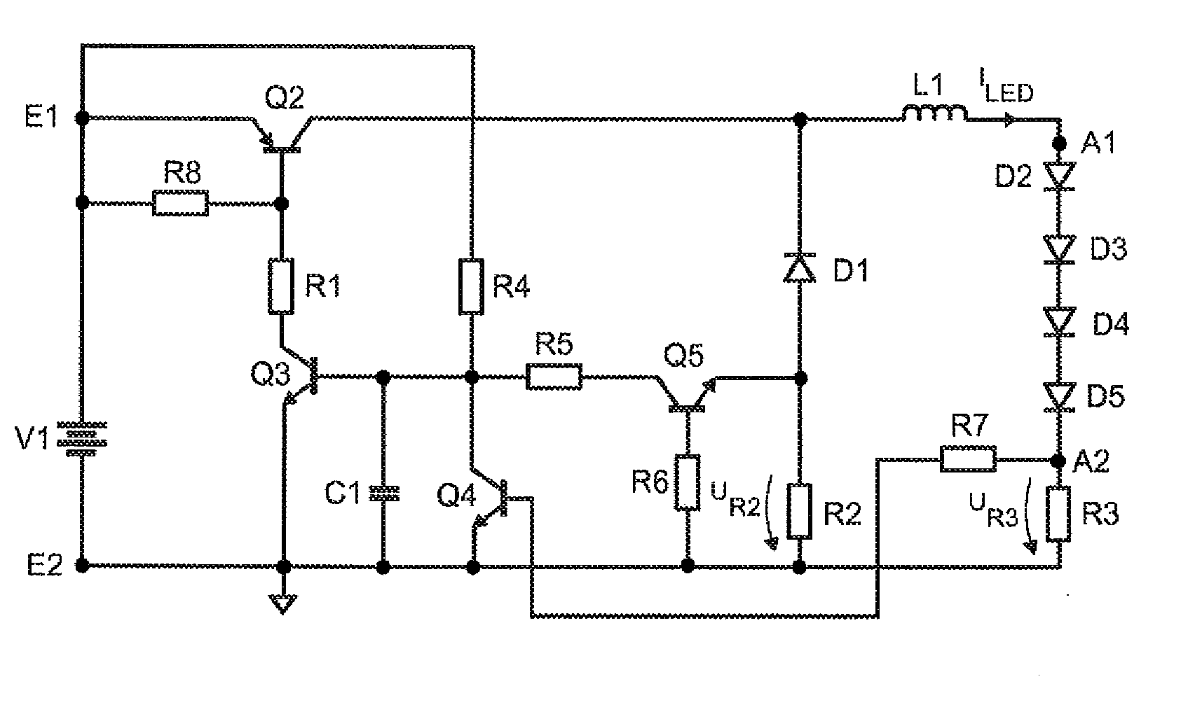 Buck converter and method for providing a current for at least one LED