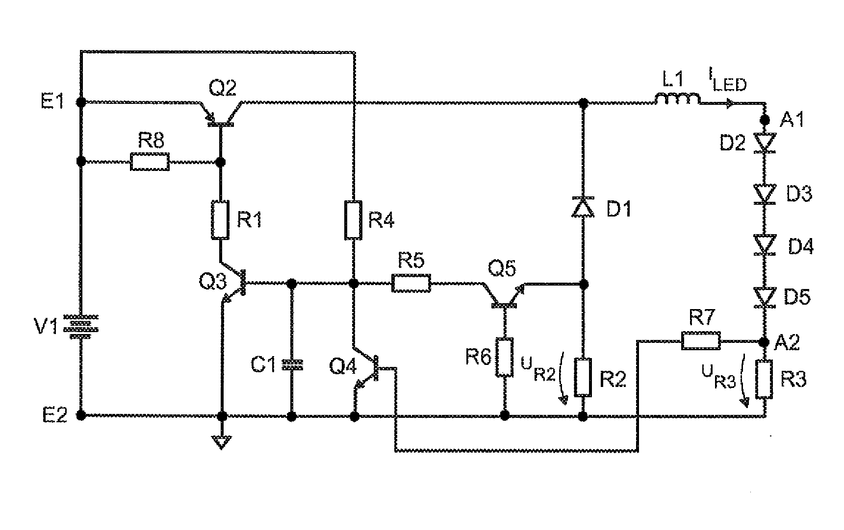 Buck converter and method for providing a current for at least one LED