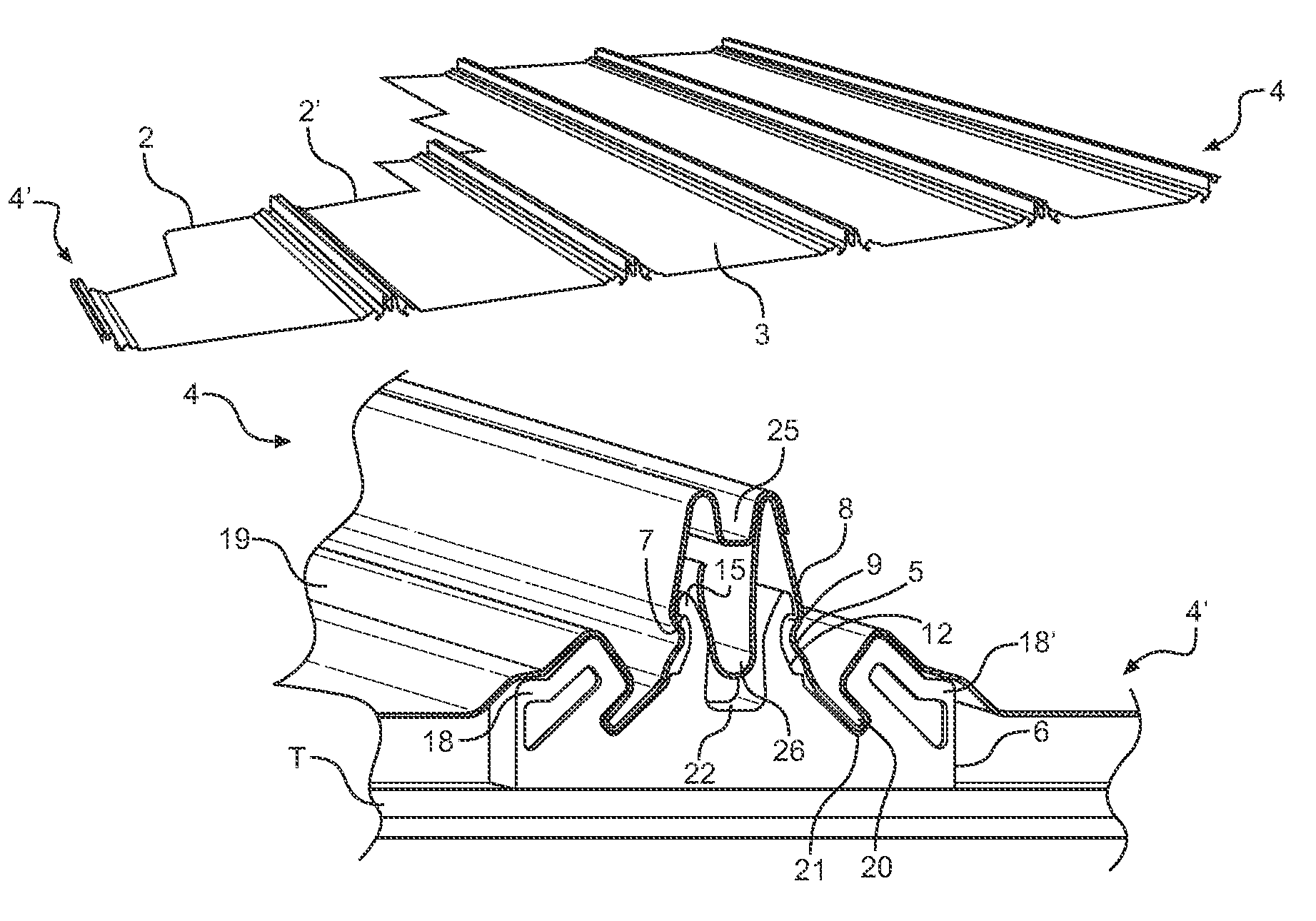 Roofing assembly including sheet panels having side edge portions with projections mating with grooves on brackets anchored to roof