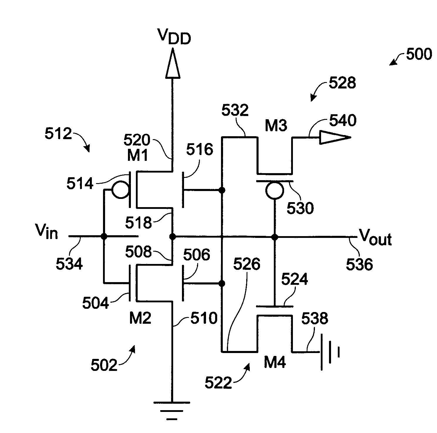 Four-transistor Schmitt trigger inverter