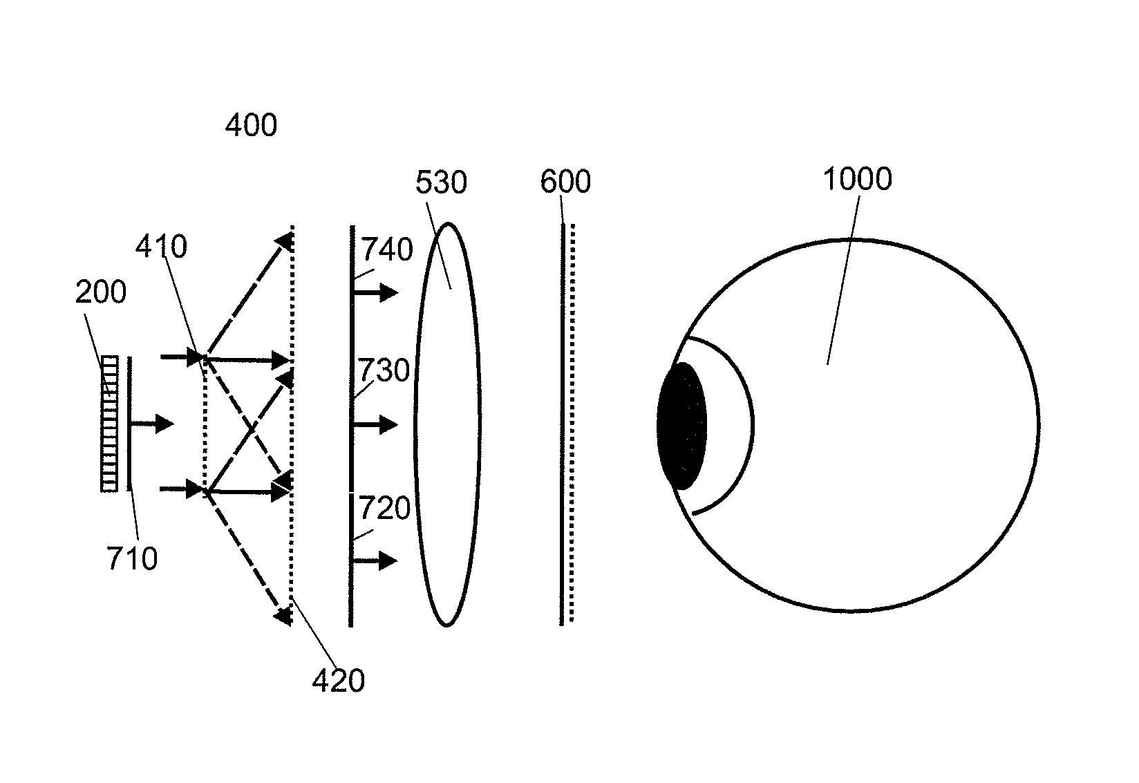 Display device, in particular a head-mounted display, based on temporal and spatial multiplexing of hologram tiles