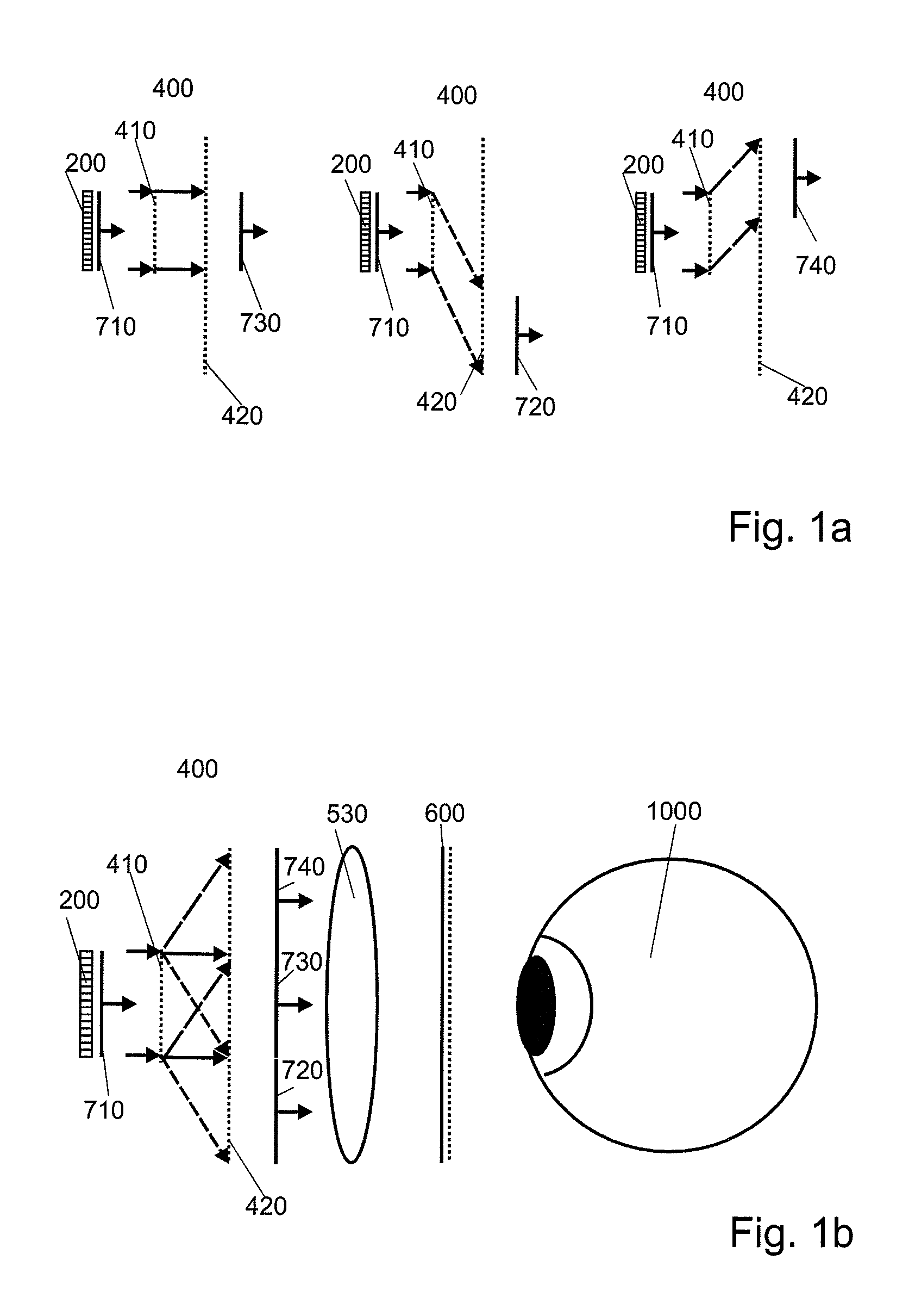 Display device, in particular a head-mounted display, based on temporal and spatial multiplexing of hologram tiles