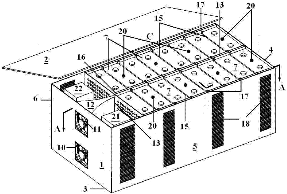 Forced air cooling battery box, and box body and cooling plates thereof