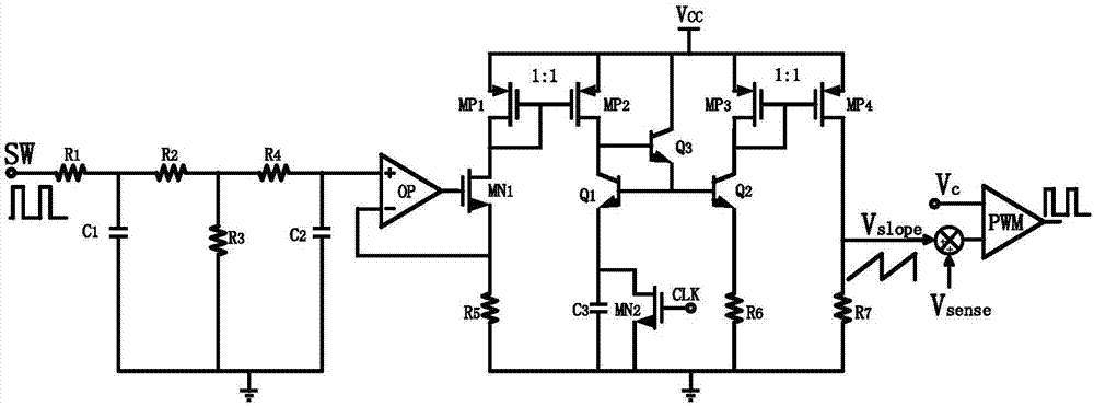 Adaptive slope compensation circuit suitable for controlling buck converter in peak current mode