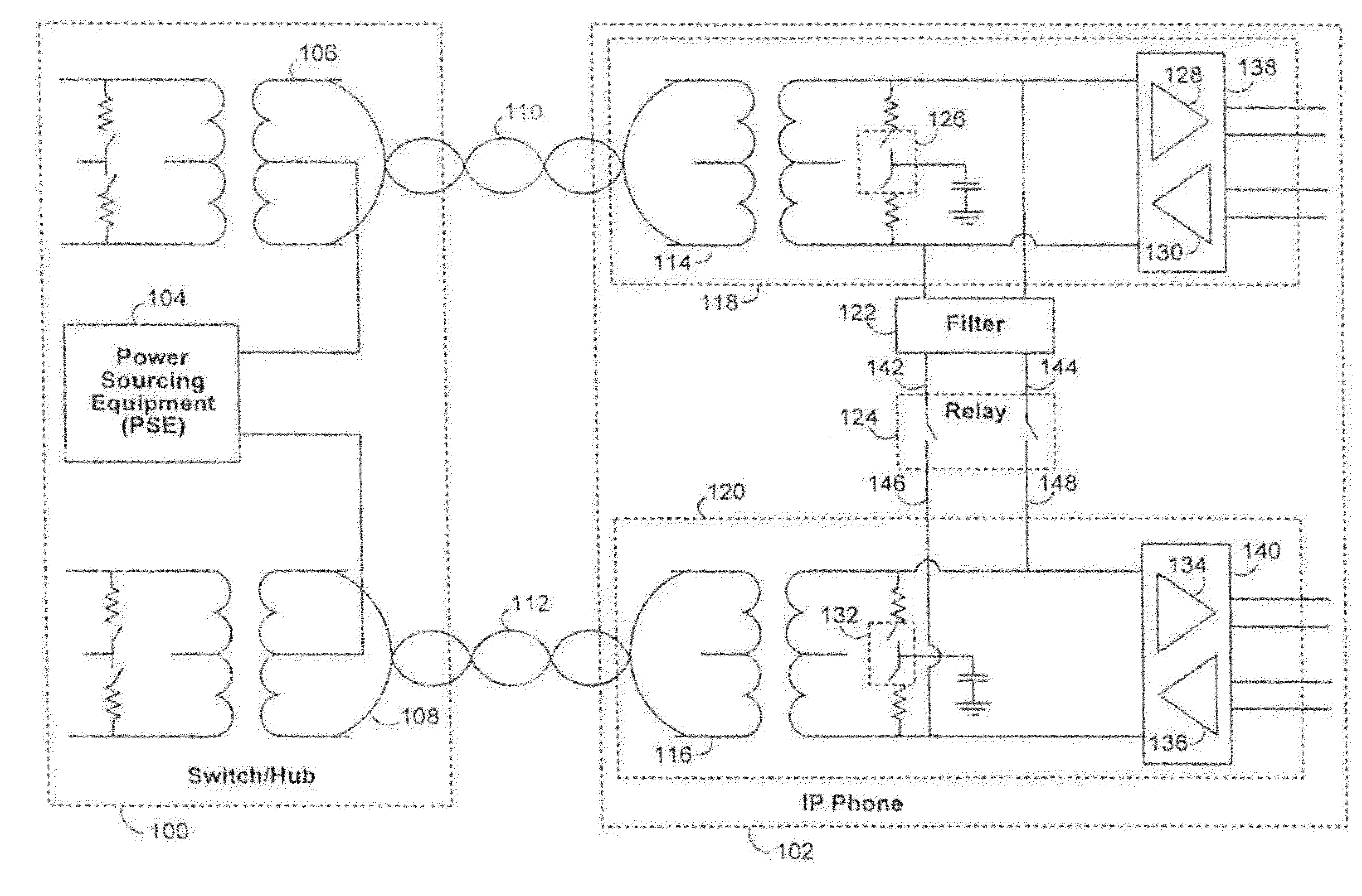 Relay circuitry and switching circuitry for power-over-network devices