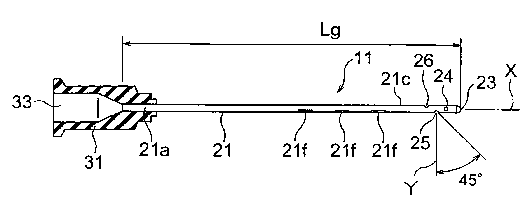 Liquid injection needle element capable of jetting a liquid in a predetermined angle range and method of producing the same