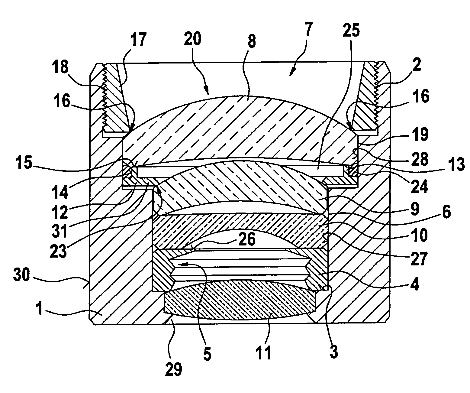 Compound lens having a sealing configuration suitable for motor vehicles