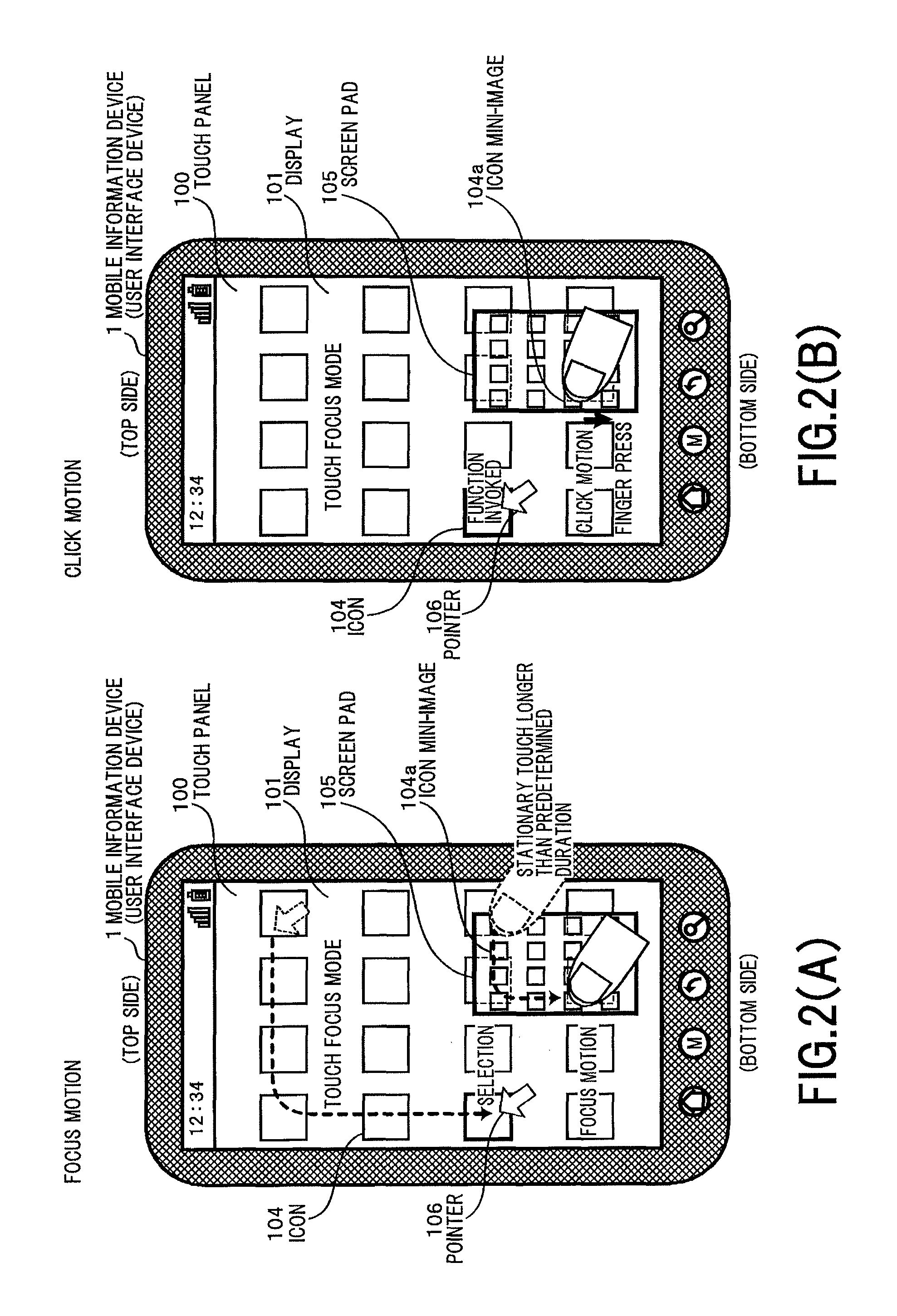 User interface device with touch pad enabling original image to be displayed in reduction within touch-input screen, and input-action processing method and program