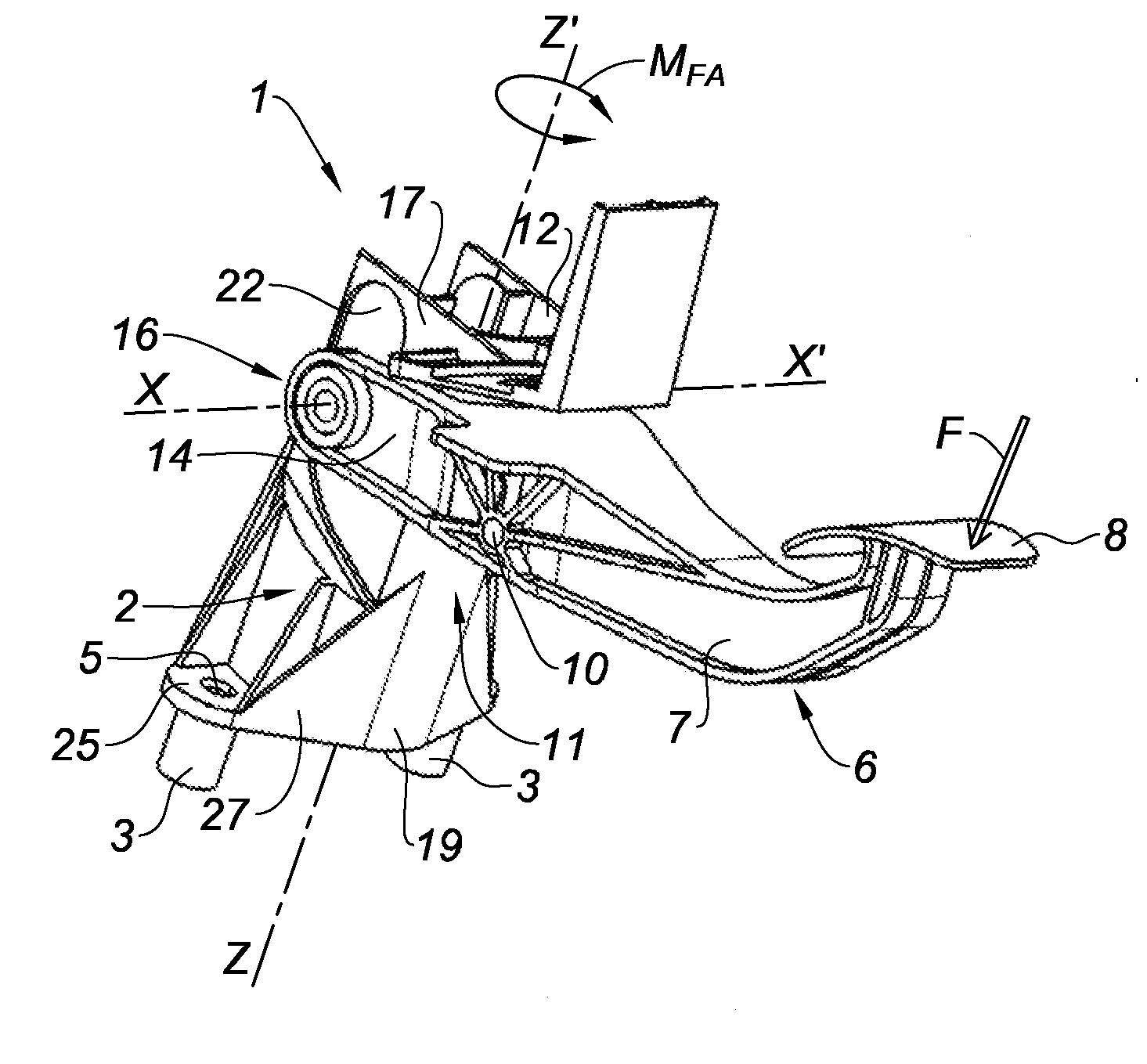 Lighter pedal assembly reinforced with respect to offset driving forces