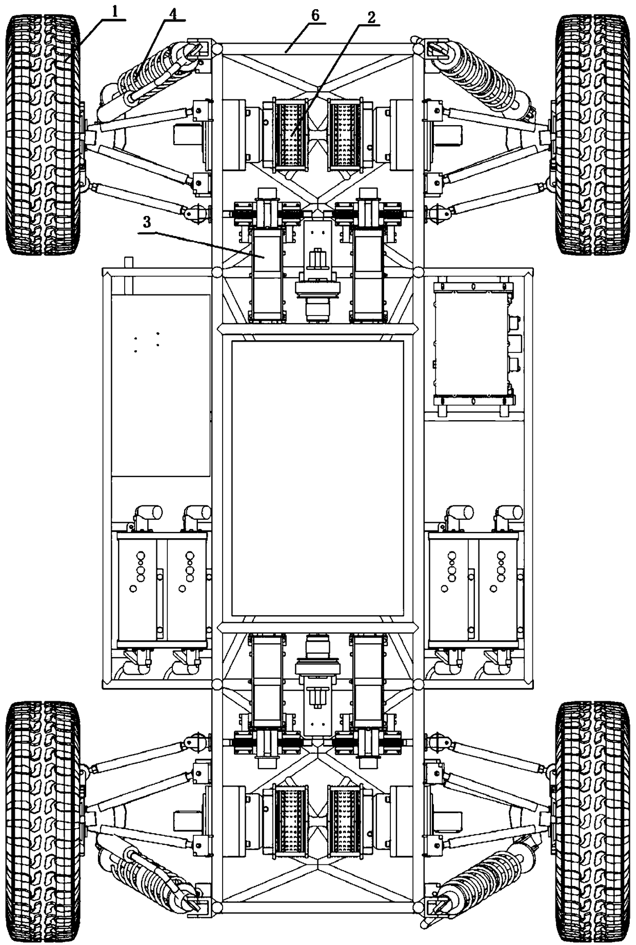 An all-wheel steering electrically powered unmanned vehicle chassis that is independently driven