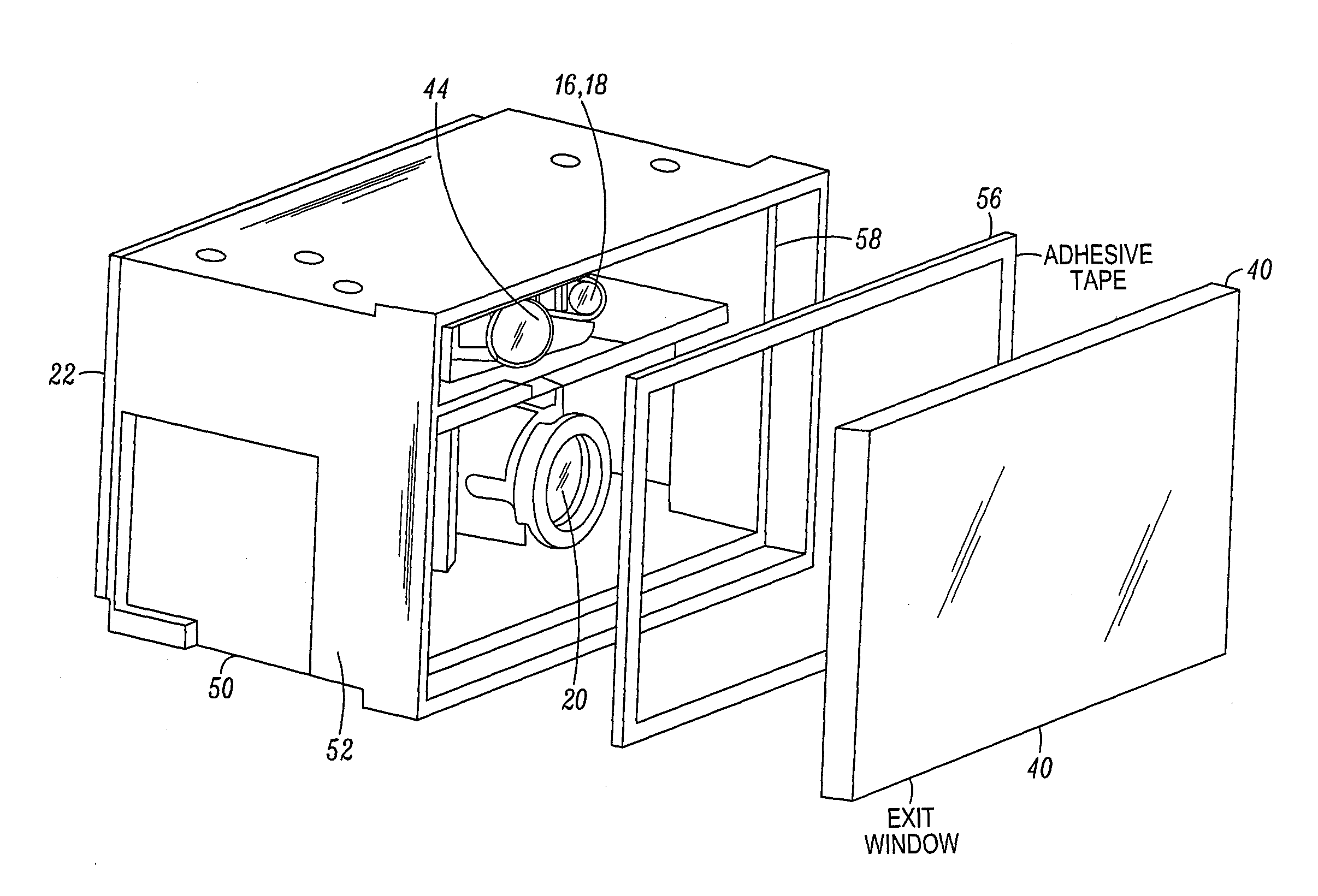 Shock-mounted imaging module with integrated window for resisting back reflections in an imaging reader