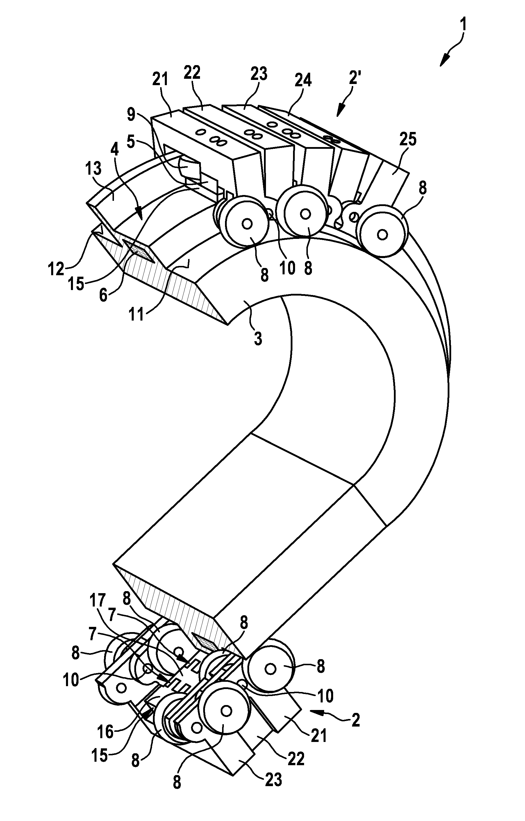 Conveying device with articulated conveying element