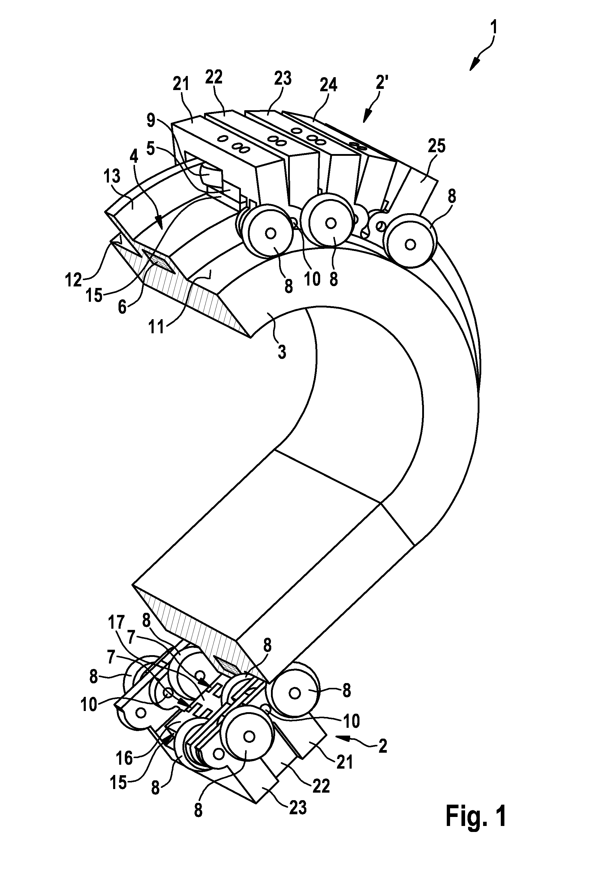 Conveying device with articulated conveying element