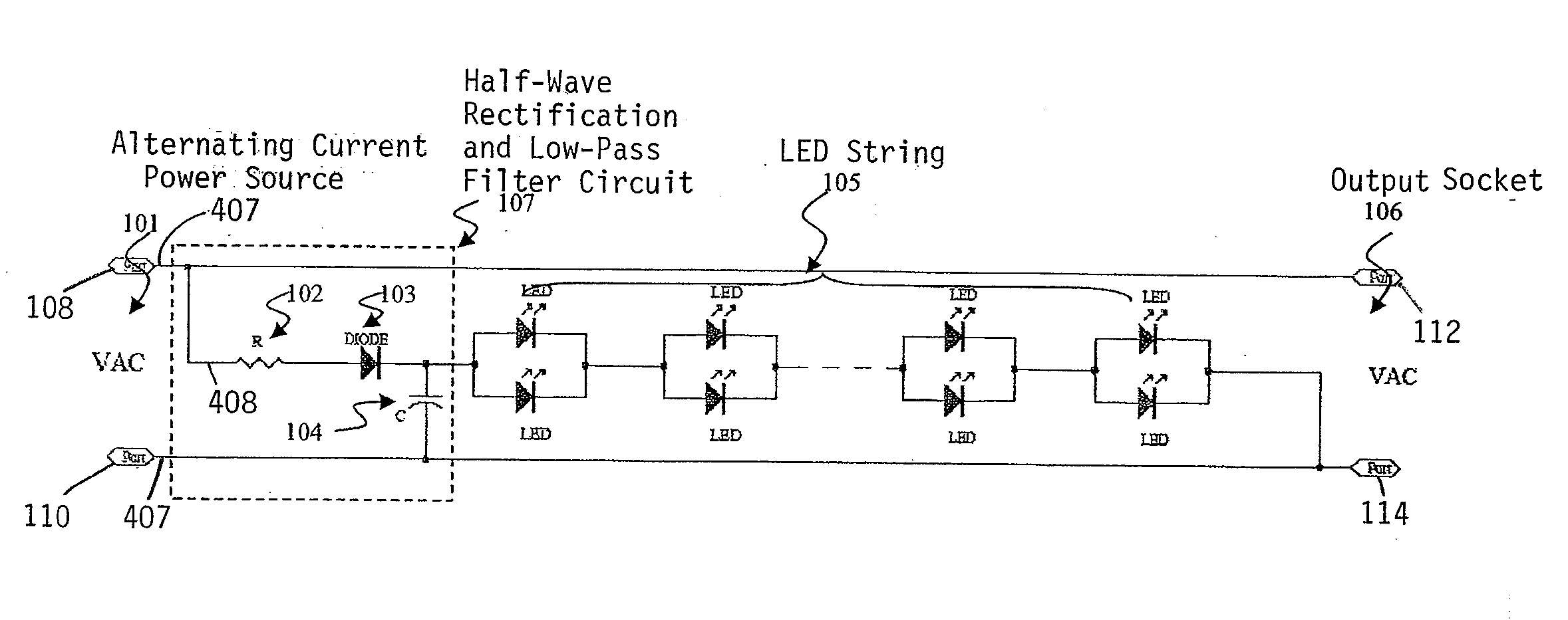 Half-wave rectification circuit with a low-pass filter for LED light strings