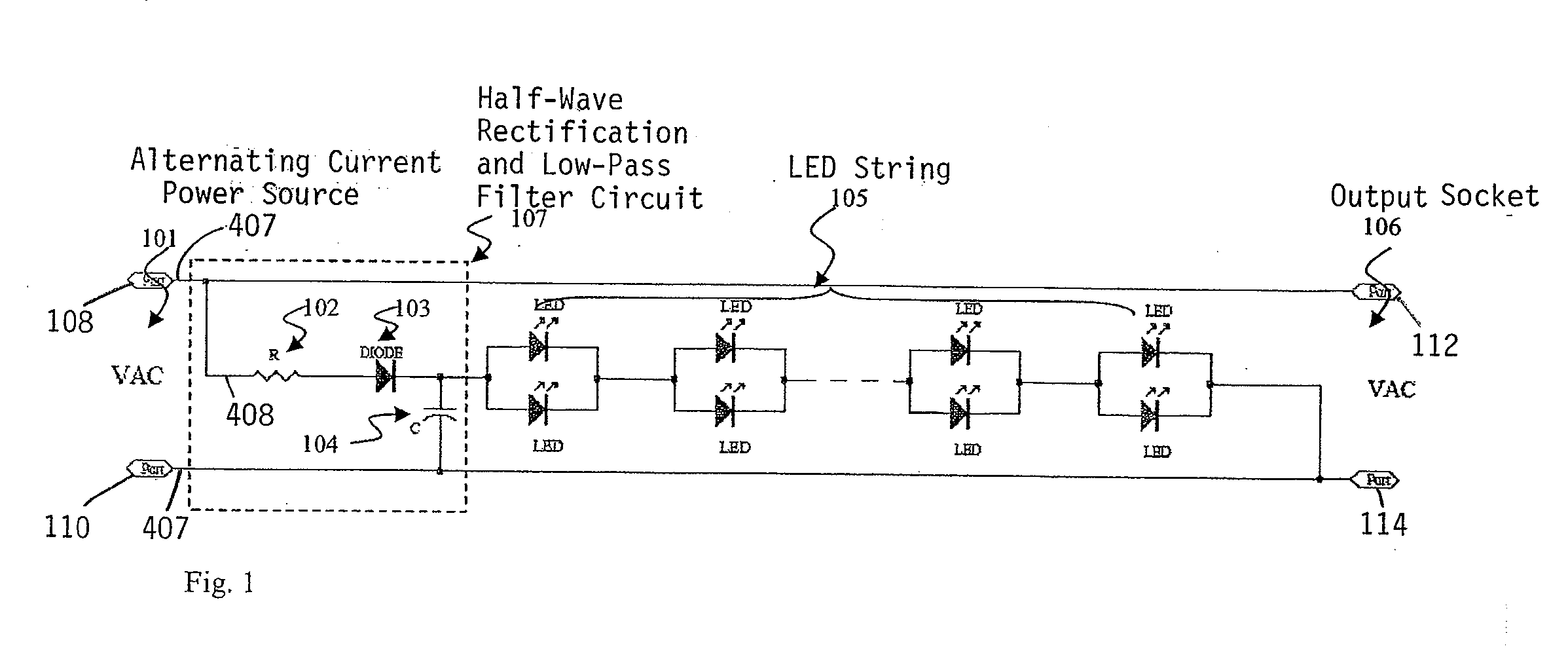 Half-wave rectification circuit with a low-pass filter for LED light strings