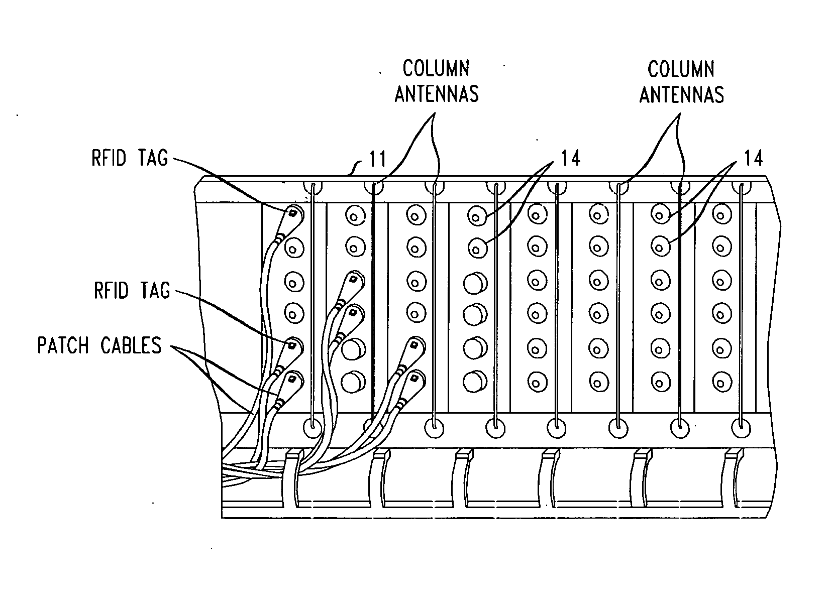 Column based antenna array employing antenna field shaping for use in the automatic determination of network cable connections using RFID tags