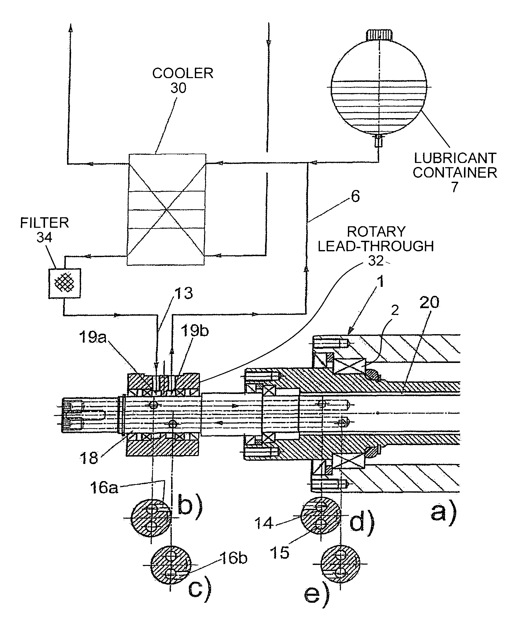 Gear apparatus for a centrifuge including a drive shaft having two hollow longitudinal channels for lubricating the gear apparatus via an associated lubricant compensating system