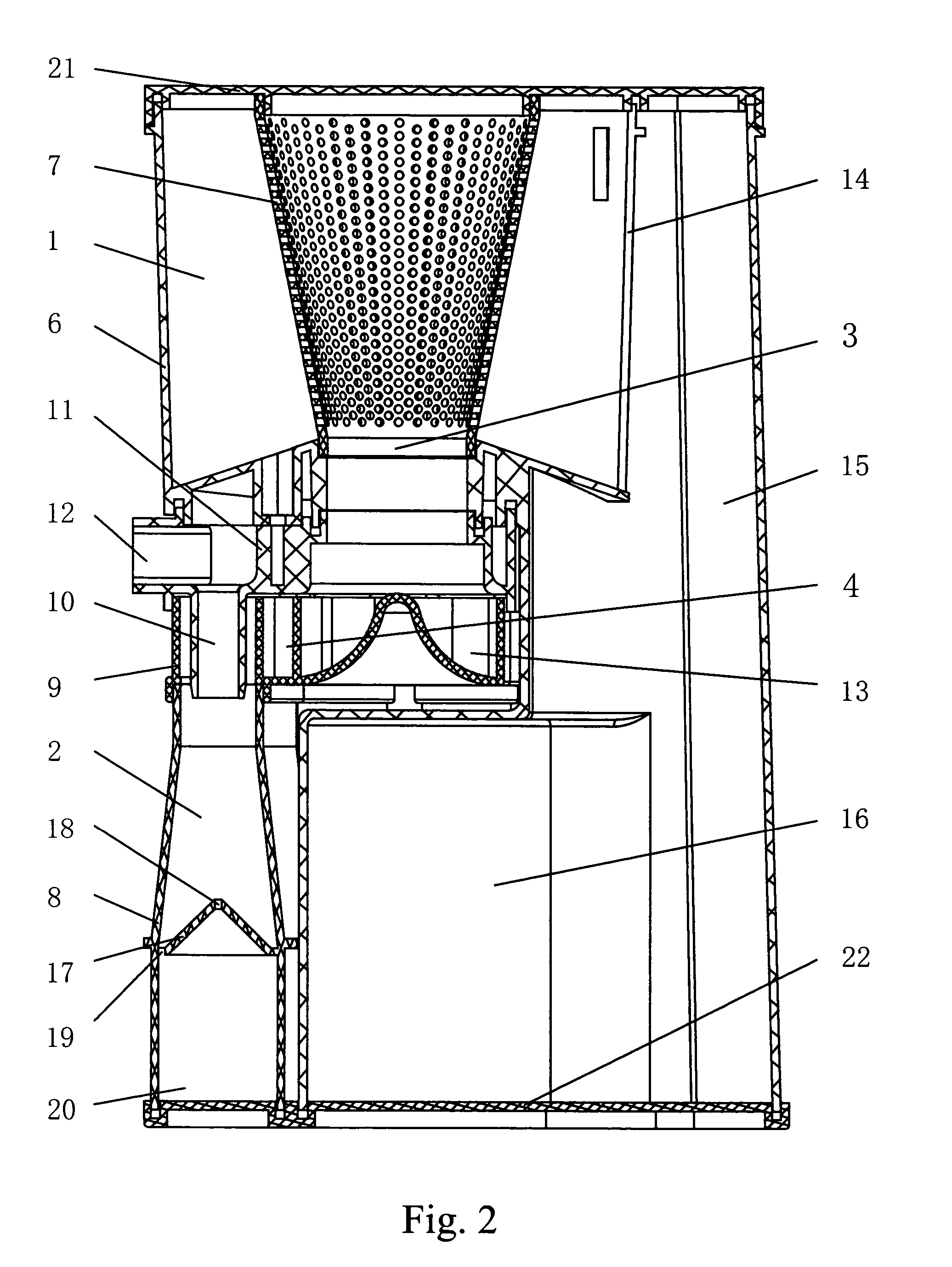 Subsection dedusting device for a vacuum cleaner