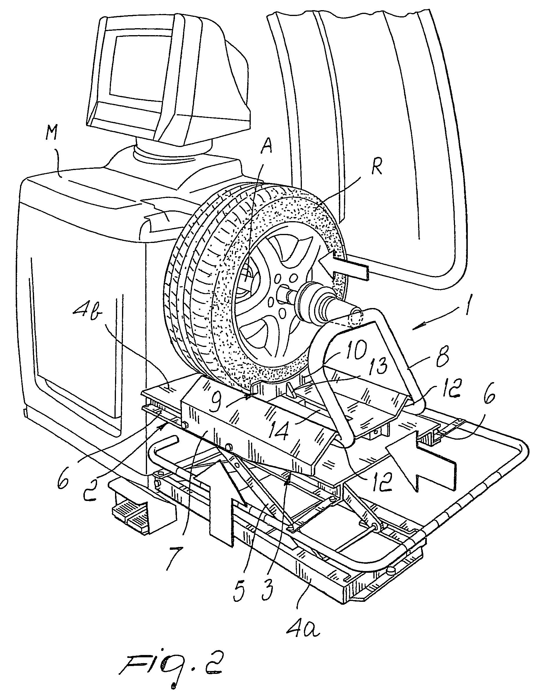 Lifting device for fitting vehicle wheels on wheel balancers